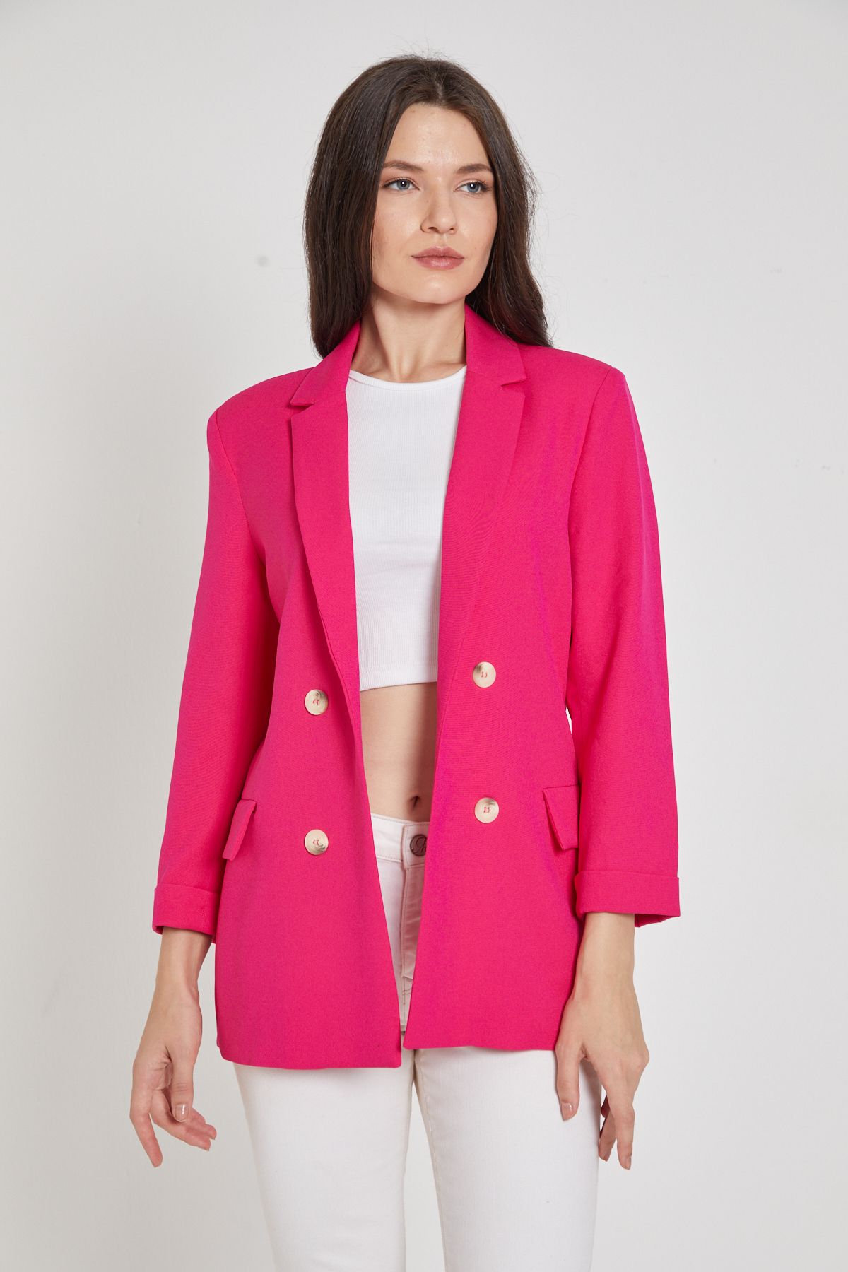 Asfa Moda Kadın Düğme Detaylı Kol Katlamalı Astarlı Ceket