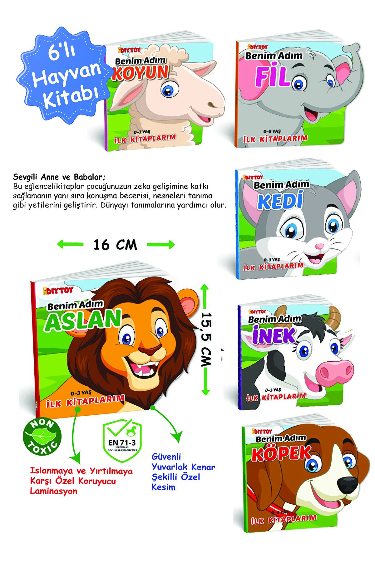 Diytoy Ilk Kitaplarım Hayvanlar 6'lı (aslan,fil,inek,kedi,koyun,köpek) Seti