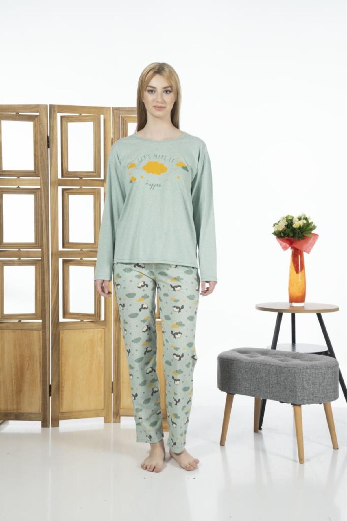 Estiva Kadın Bulut Desenli Uzun Kollu Yazlık Penye Pijama Takımı