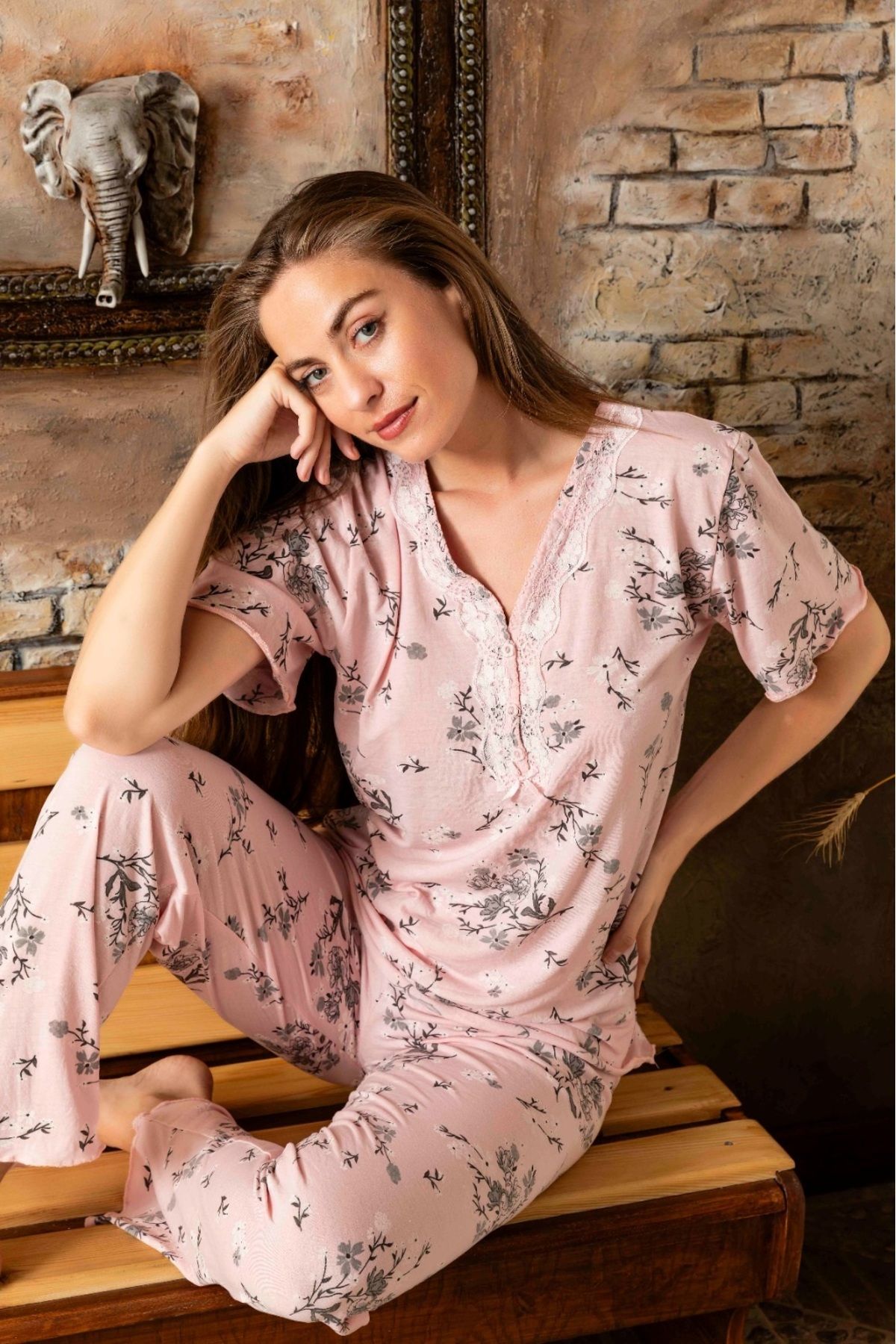 Lukitus Bambu Pamuk V Yaka Kısa Kol Kadın Pijama Takımı