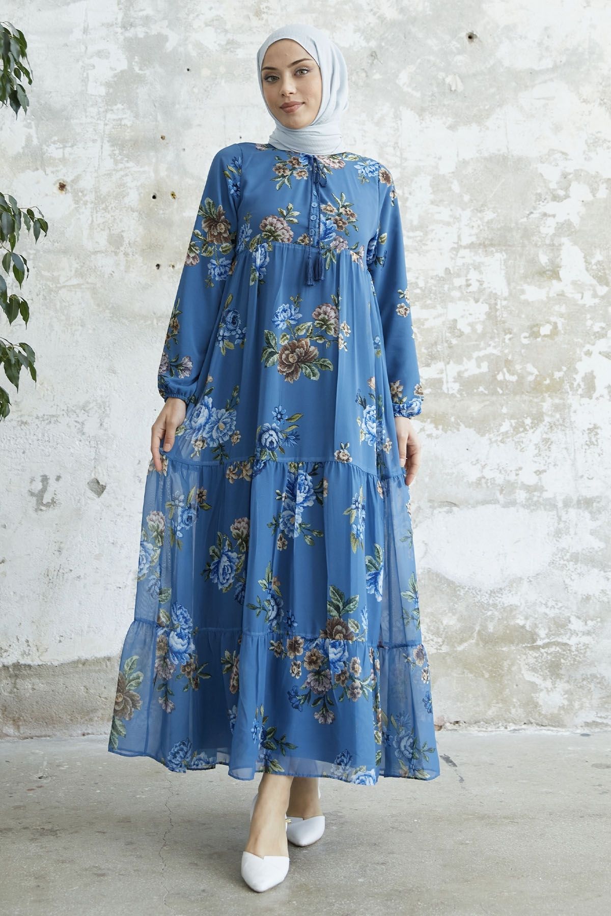 InStyle Yakası Bağcıklı Çiçekli Şifon Elbise - İndigo