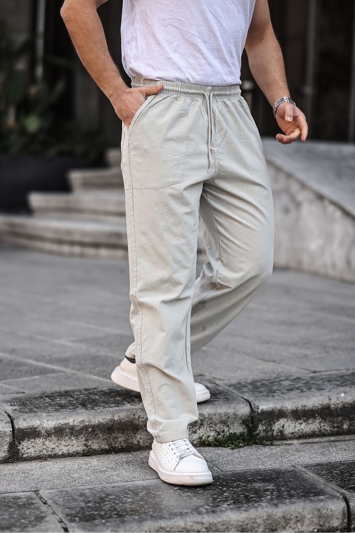 COMBİNE MİCHAİL Gri Renk Erkek Yazlık Keten Karışımı Relaxed Pantolon
