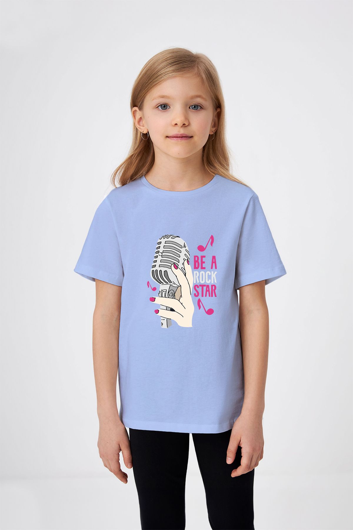 ADABEBEK Rock Star Olmak Yazılı Mikrofon Baskılı Kız Çocuk Tişört
