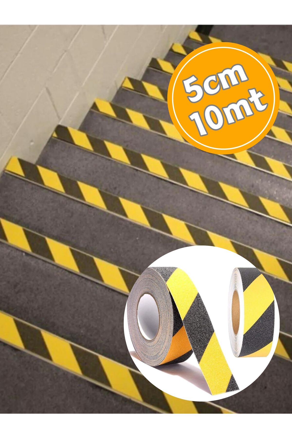 TANOBANT Siyah-Sarı Merdiven Zemin Kaydırmaz Bant, Arkası Yapışkanlı 1. Kalite 5 cm x 10 M