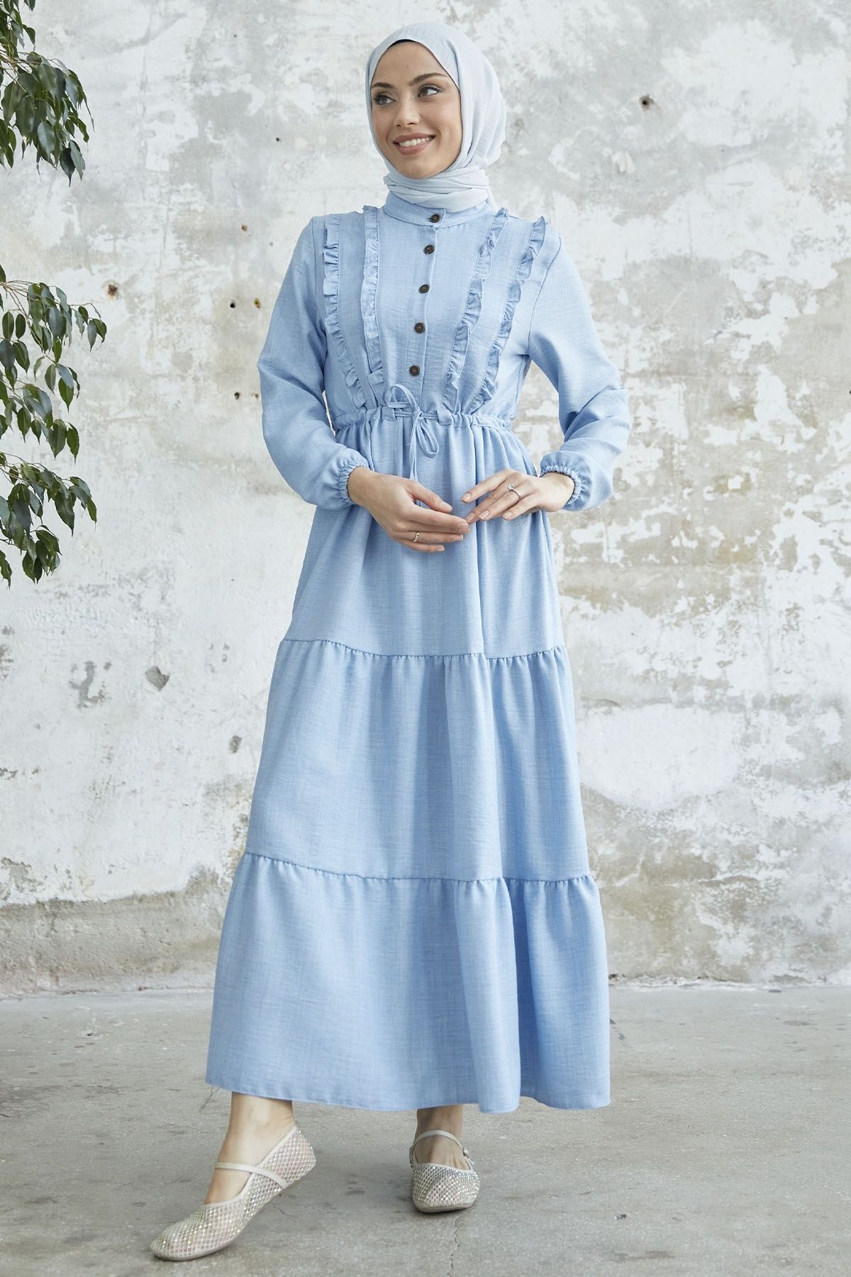 InStyle Fırfırlı Detay Düğmeli Ayrobin Elbise - Bebe Mavisi