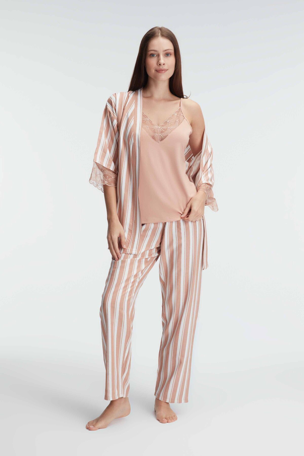 Anıl 5821 I?p Askılı V Yaka Kadın Viskon Çizgili Desenli Yazlık Örme Pijama Takımı Sabahlık