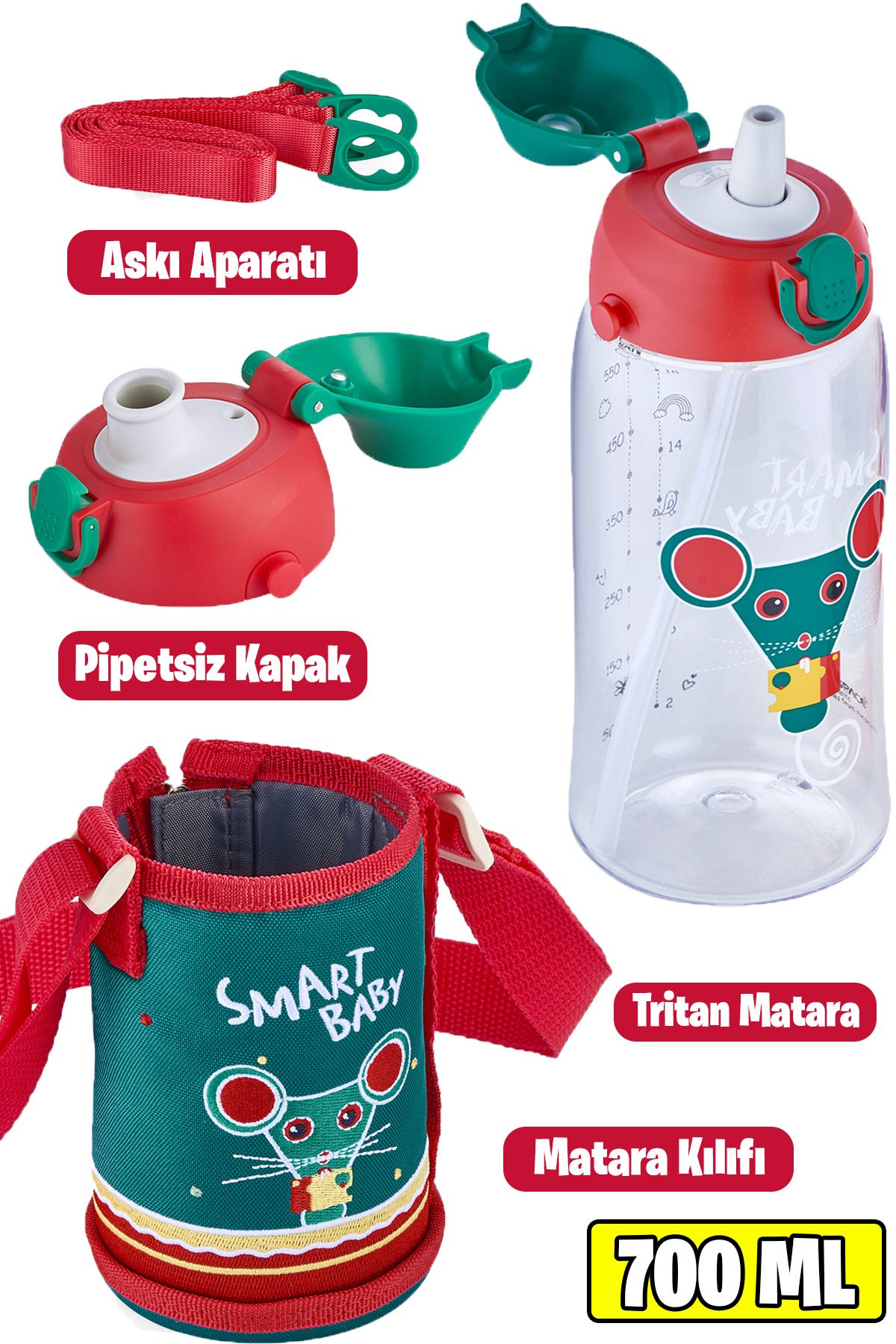 Uzspace 700 ml -Büyük Boy-Kılıflı 2 Ayrı Kapaklı Pipetli/Pipetsiz Tritan  Su Matarası