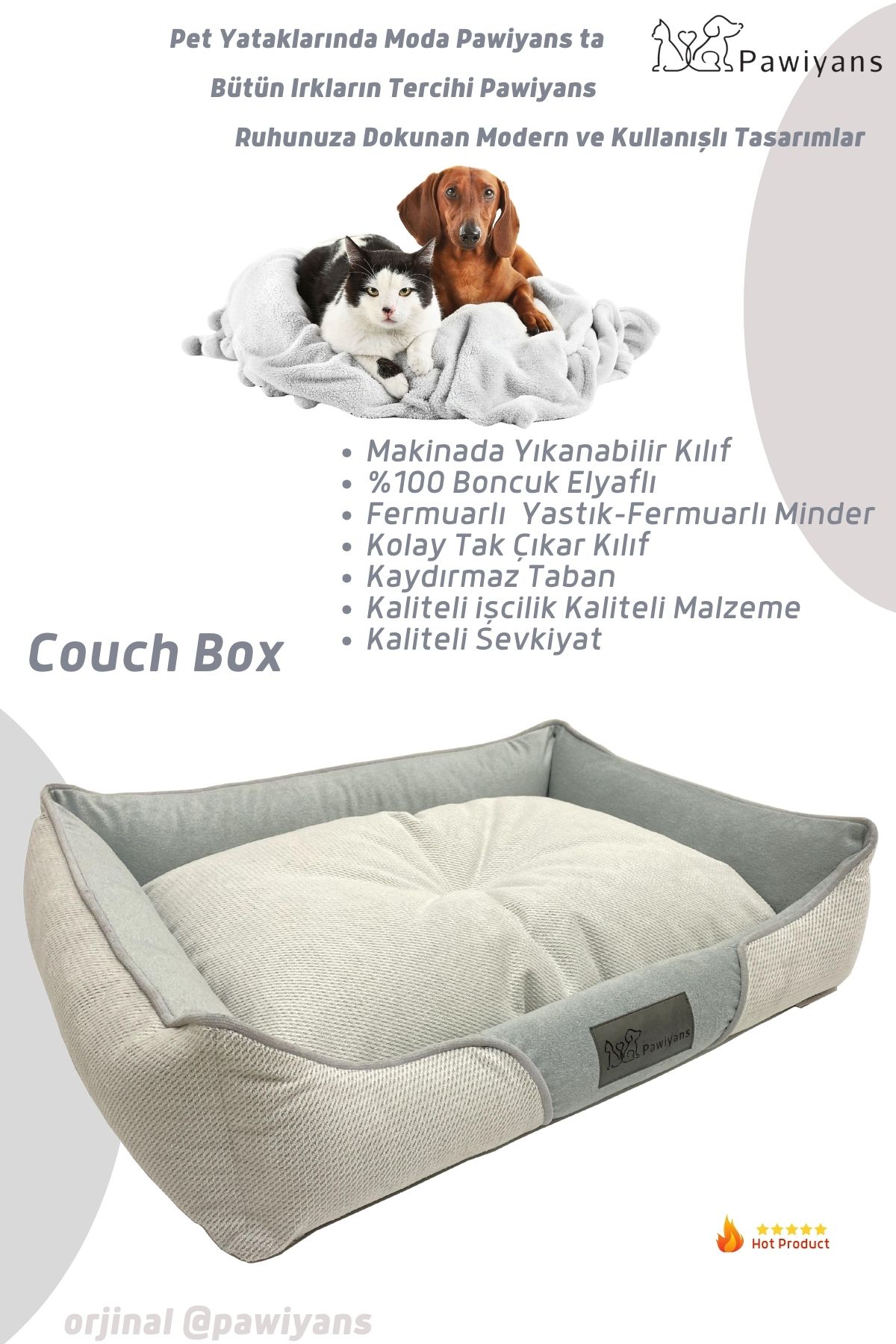 PAWİYANS Couch Box Üst Kalite Kedi Köpek Yatağı Yıkanabilir Fermuarlı,astarlı %100elyaf Dolgu