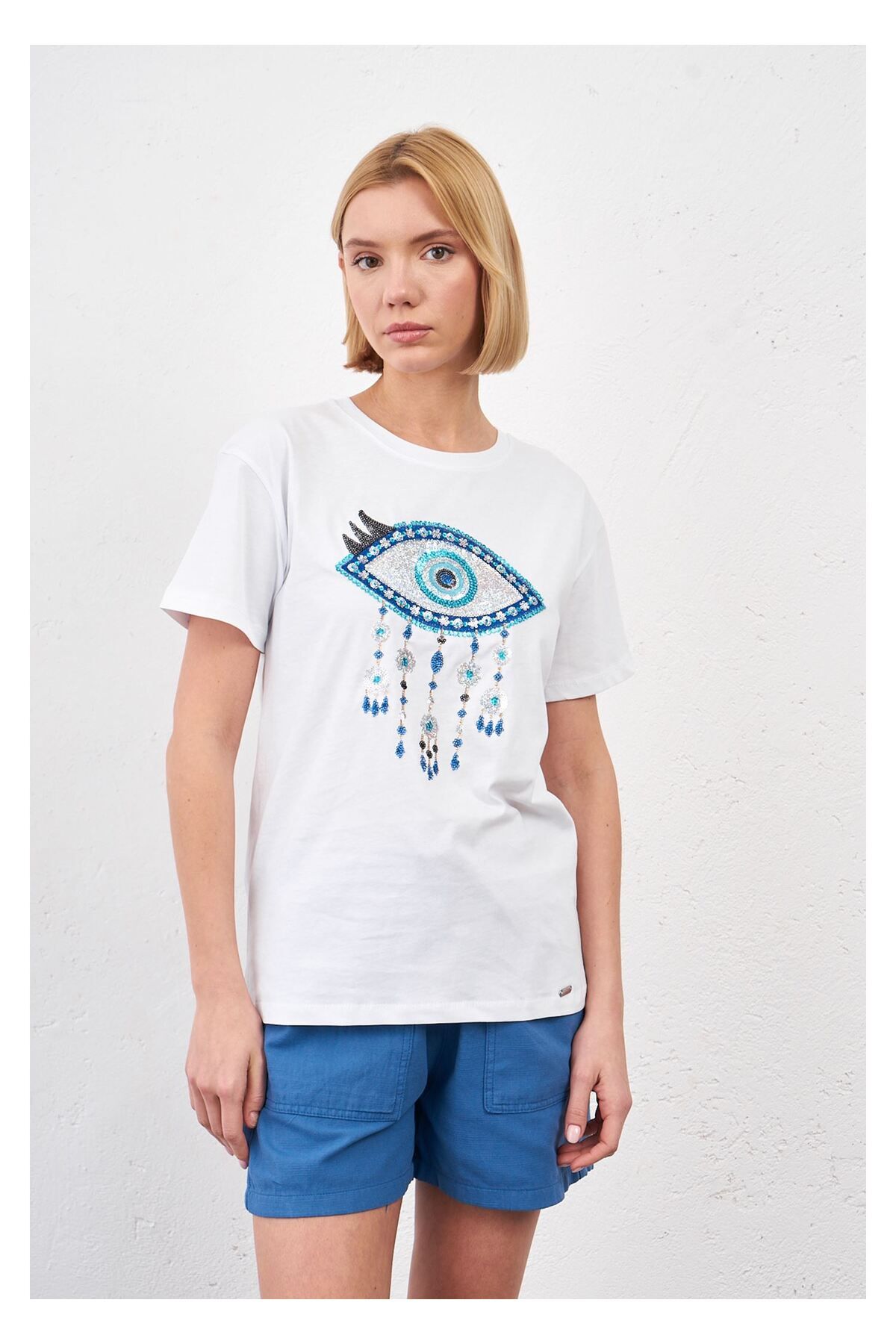 Tiffany Tomato Göz Baskılı T-shirt-Beyaz