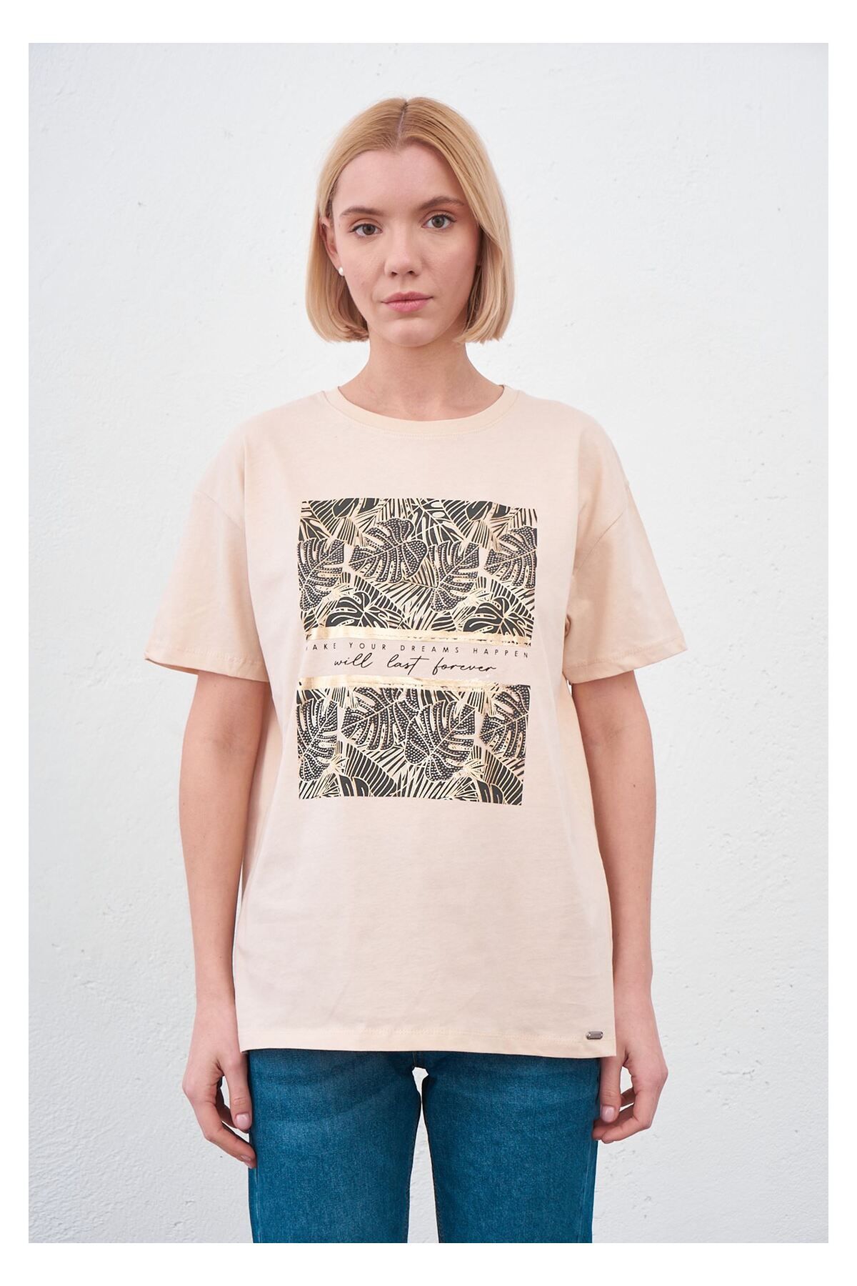 Tiffany Tomato Yaprak Baskılı T-shirt-Vizon