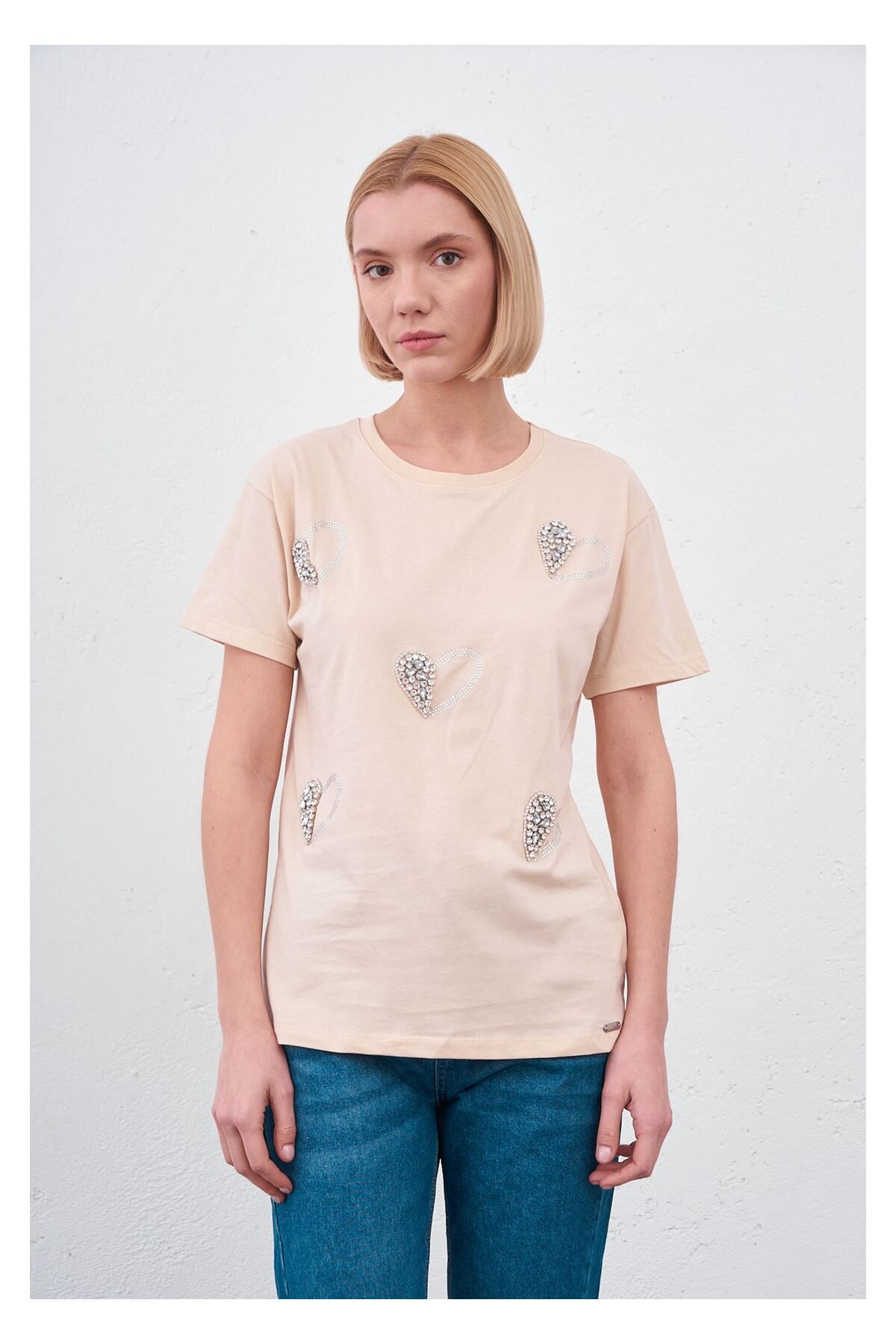 Tiffany Tomato Kalp Baskılı Taşlı T-shirt-Vizon