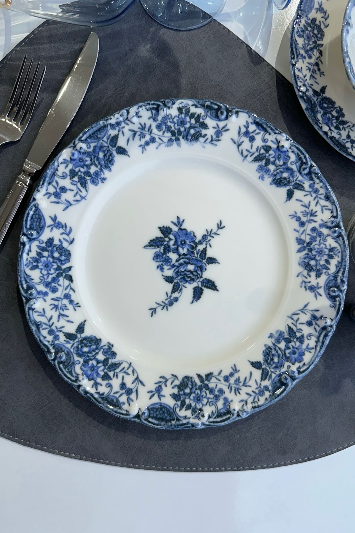 porselenden Antique Blue 6 kişilik 25 cm Özel Tasarım Premium Porselen Servis Tabağı Takımı