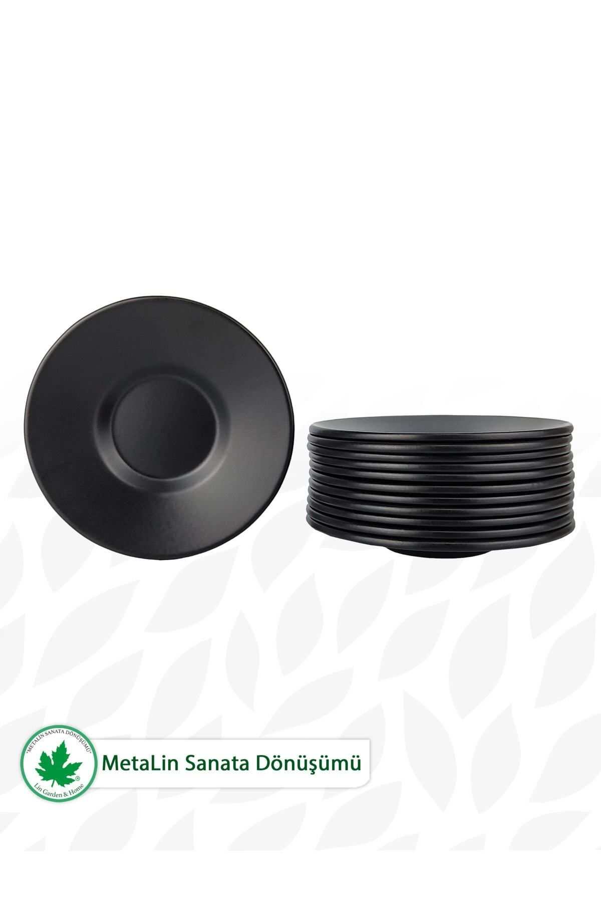 teknotrust Siyah 12'li Metal Çay Tabağı Çay Tabağı 6+ Galvaniz Modern BPA Free Yuvarlak