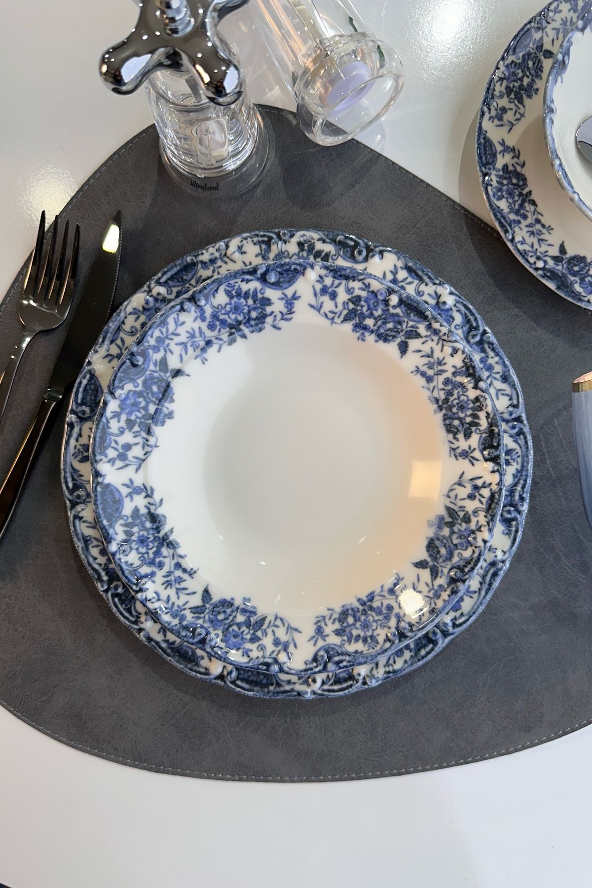 porselenden Antique Blue 6 kişilik 21 cm Özel Tasarım Premium Porselen Çukur Yemek Tabağı Takımı