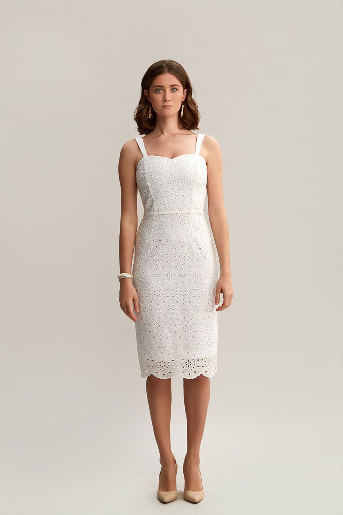 By Mare Style Kadın Beyaz Askılı Dar Kesim Saf Pamuk Brode Elbise Barbara Dress