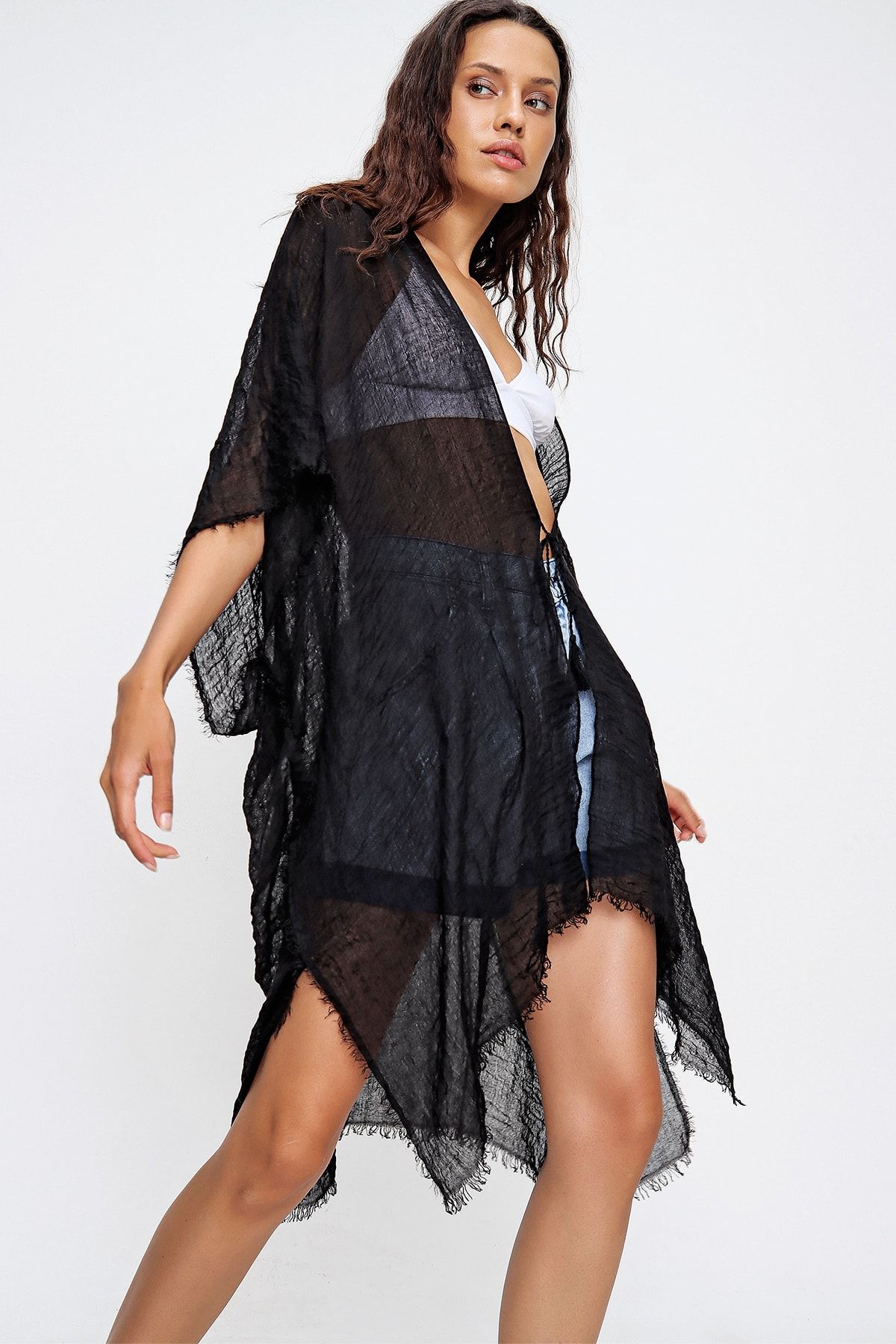 Trend Alaçatı Stili Kadın Siyah Oversize Pamuklu Kimono ALC-X6469