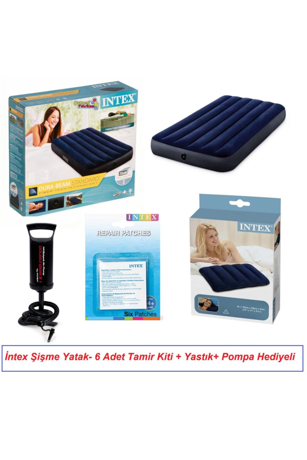 Intex Tek Kişilik Şişme Yatak 6 Adet Yama+ Pompa+ Yastık Set 99x191x25