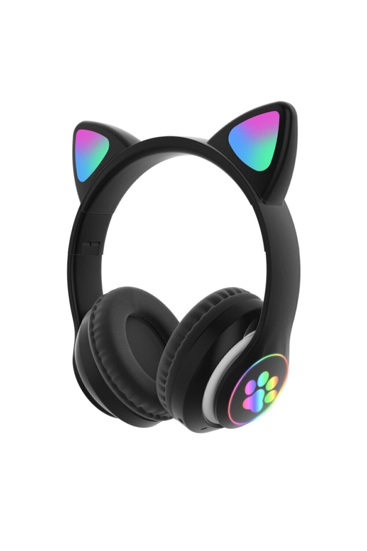 Polygold Siyah Kedi Kulak Led Işıklı Kablosuz Bluetooth Mikronlu Hafıza Kartı Girişli Kulaklık