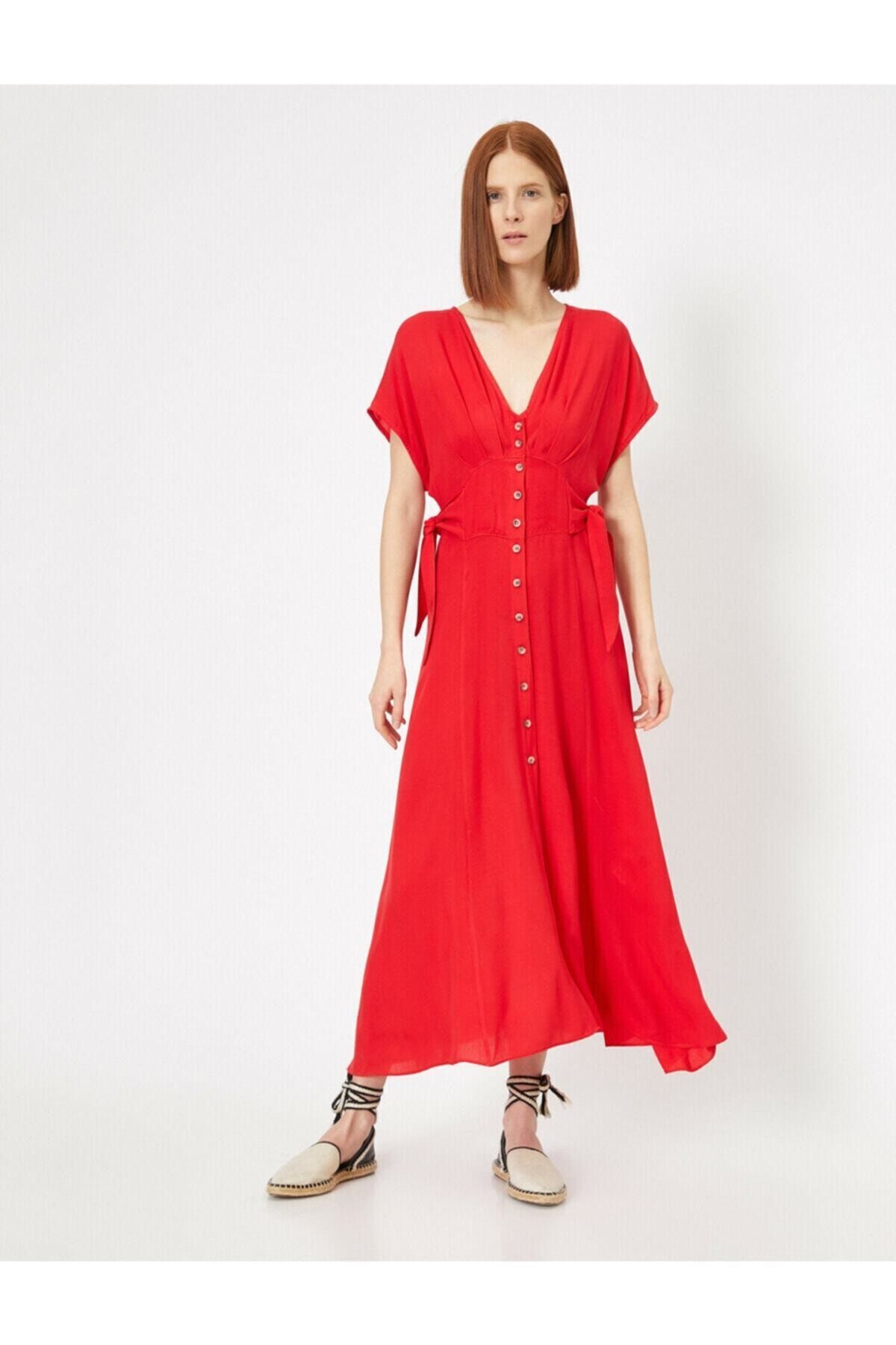 Koton Kadın Kırmızı Düğme Detaylı Elbise