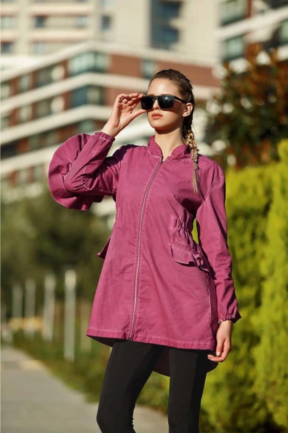 GALLİPOLİ 7035 Kadın Gül Kurusu Spor Fermuarlı Fırfırlı Kapüşonlu Tunik Ceket