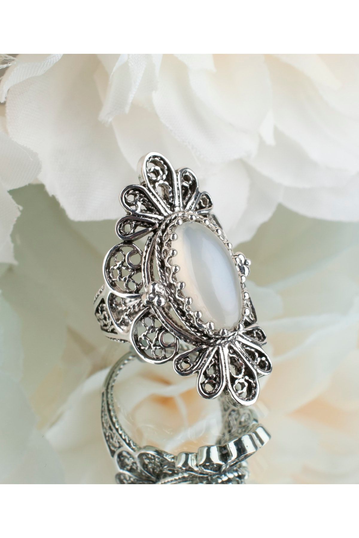 Filigran Silver 925 Ayar Gümüş Otantik El Işçiliği Telkari Doğal Oval Aytaşlı Moonstone Kadın Yüzük