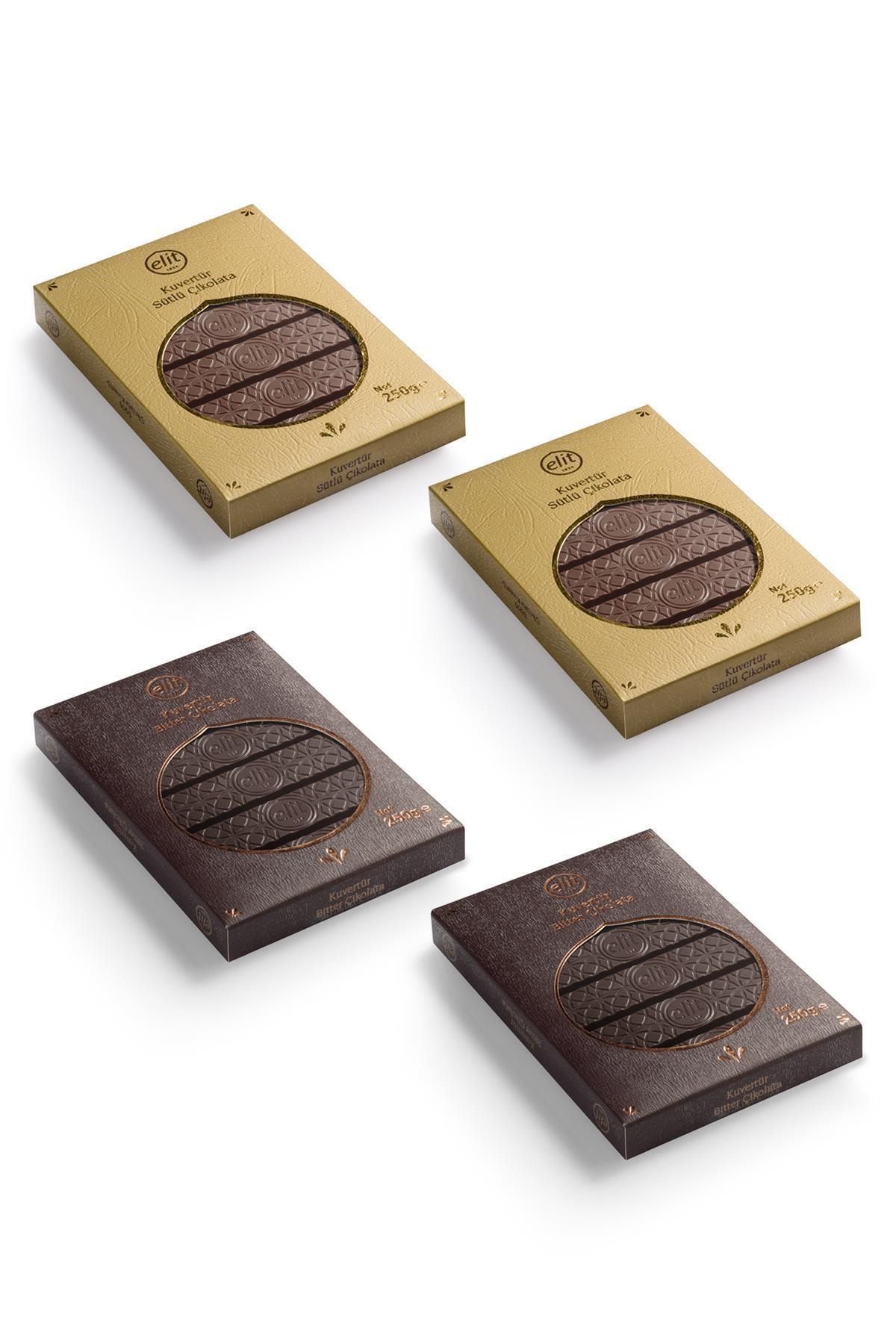 Elit Çikolata Kuvertür Bitter Çikolata (2) Ve Sütlü Çikolata (2) 250g 4'lü Set (4X250G) Glutensiz