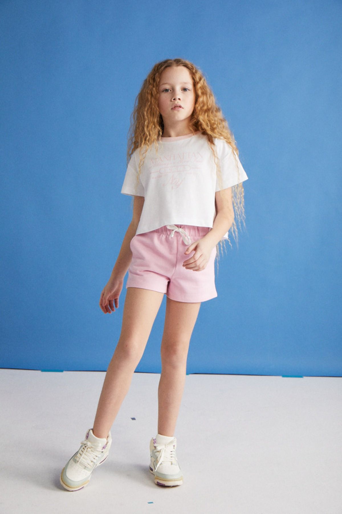 GRIMELANGE BITTEN-GRM24024 100% pamuk baskılı ve  kontrast renk yakalı kısa kollu kız çocuk Pembe T-Shirt