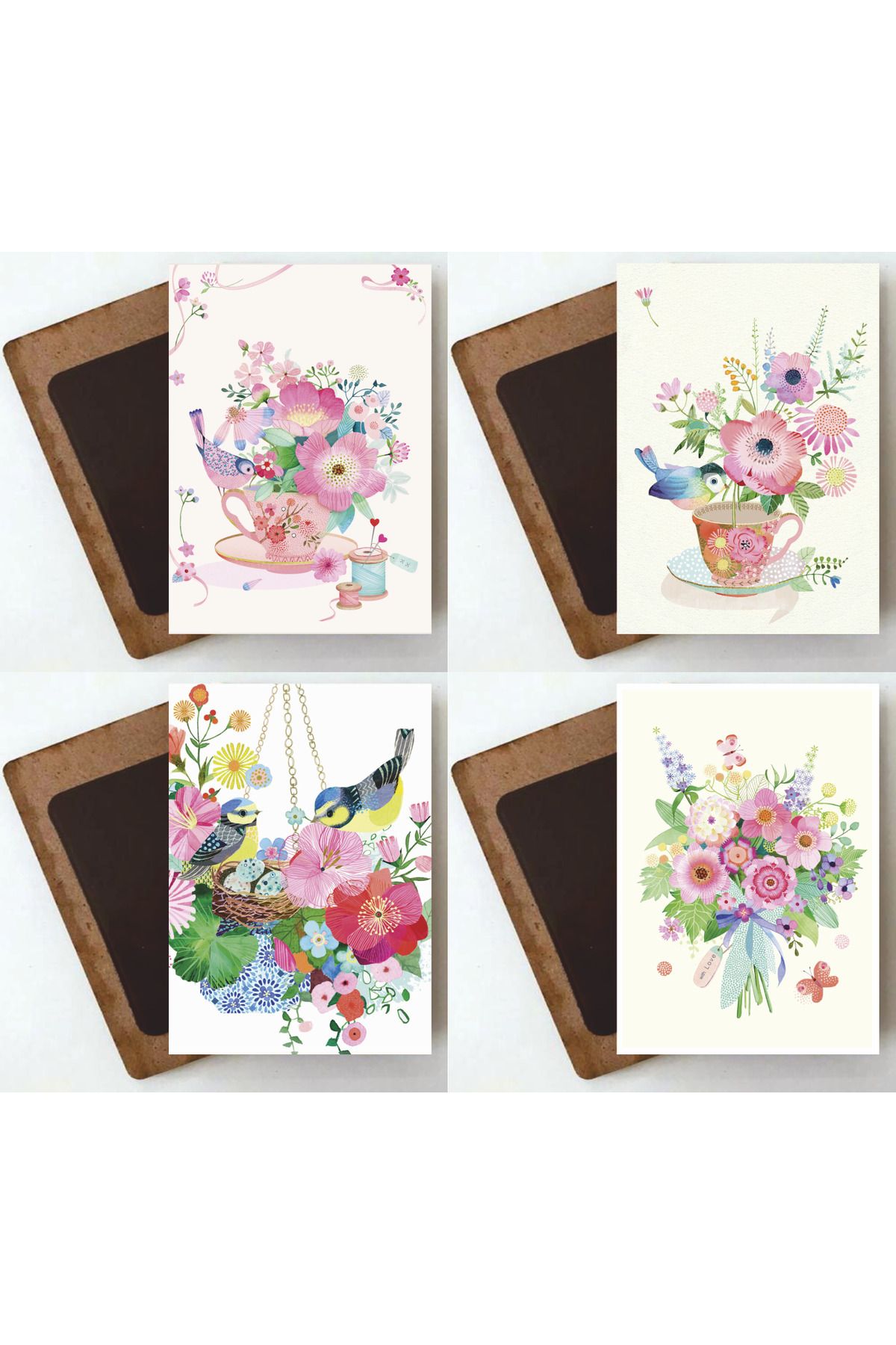 Hayat Poster çay kahve fincanında kuşlar ve çiçekler mutfak ev dekorasyon 4lü ahşap magnet buzdolabı süsü seti