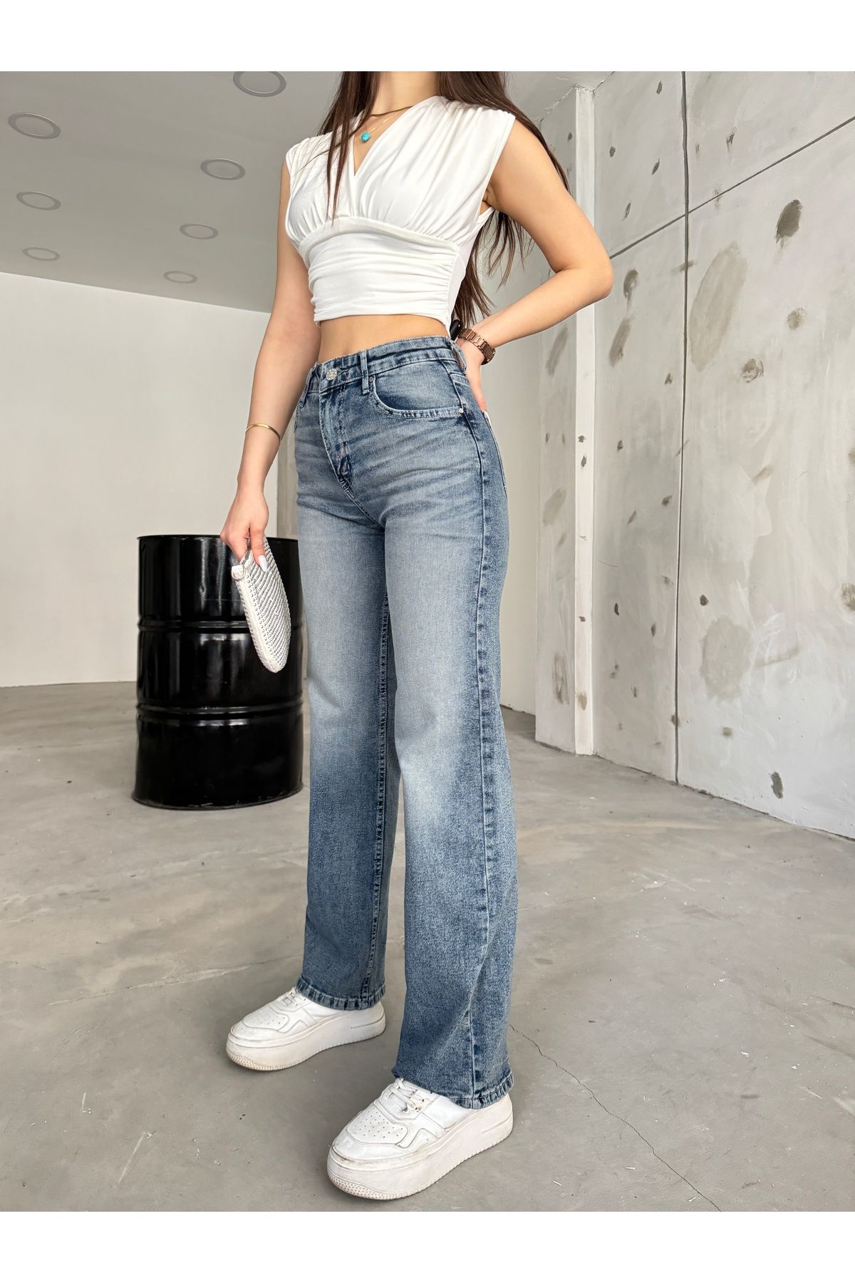 BİKELİFE Kadın Soluk Efekt Vintage Yüksek Bel Wide Leg Jeans