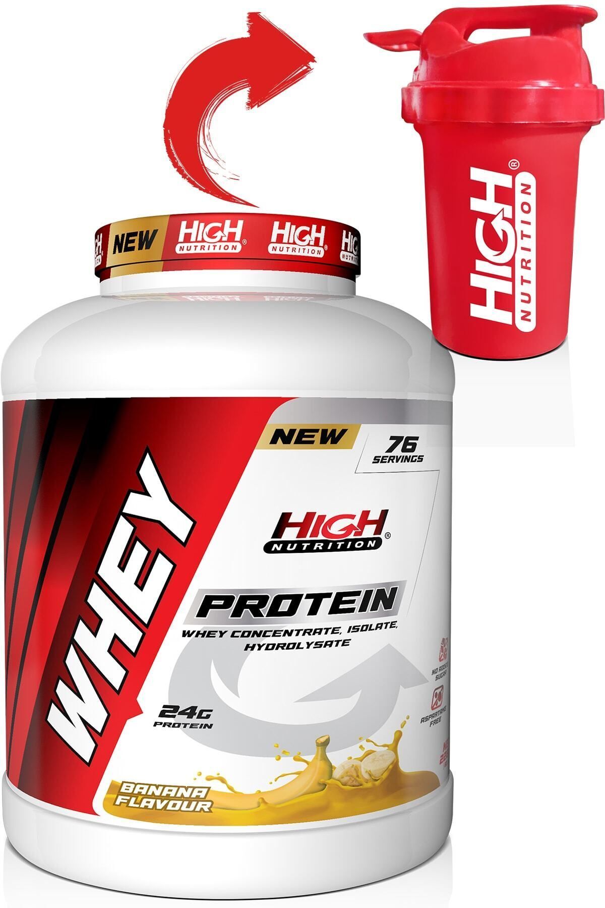 High Nutrition Whey Protein 2280 Gr Muz Aromalı Protein Tozu 24 Gram Protein
