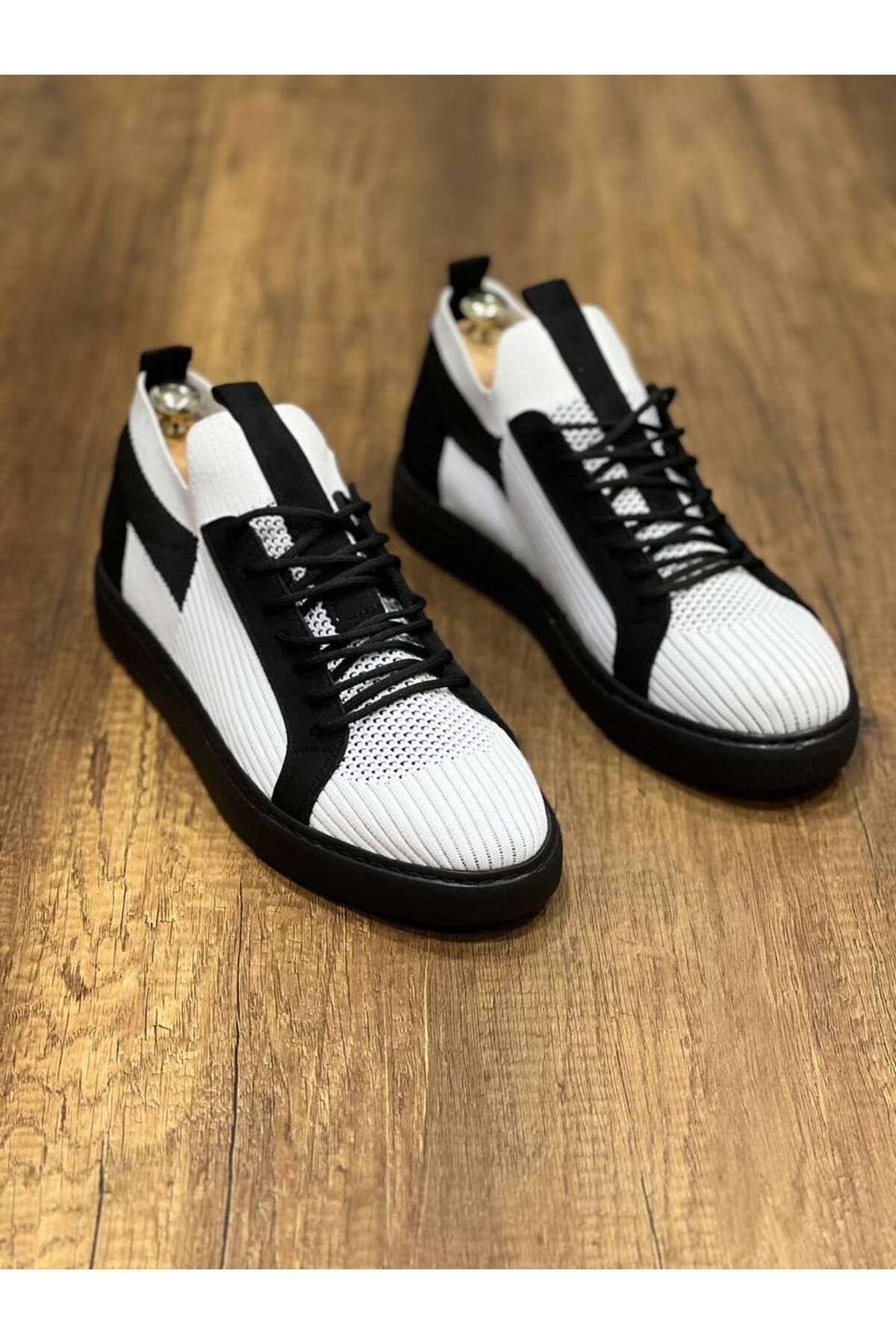 TREND CLZ946 Beyaz Siyah Siyah TabanTriko Bağcıklı  Günlük Erkek  Ayakkabı