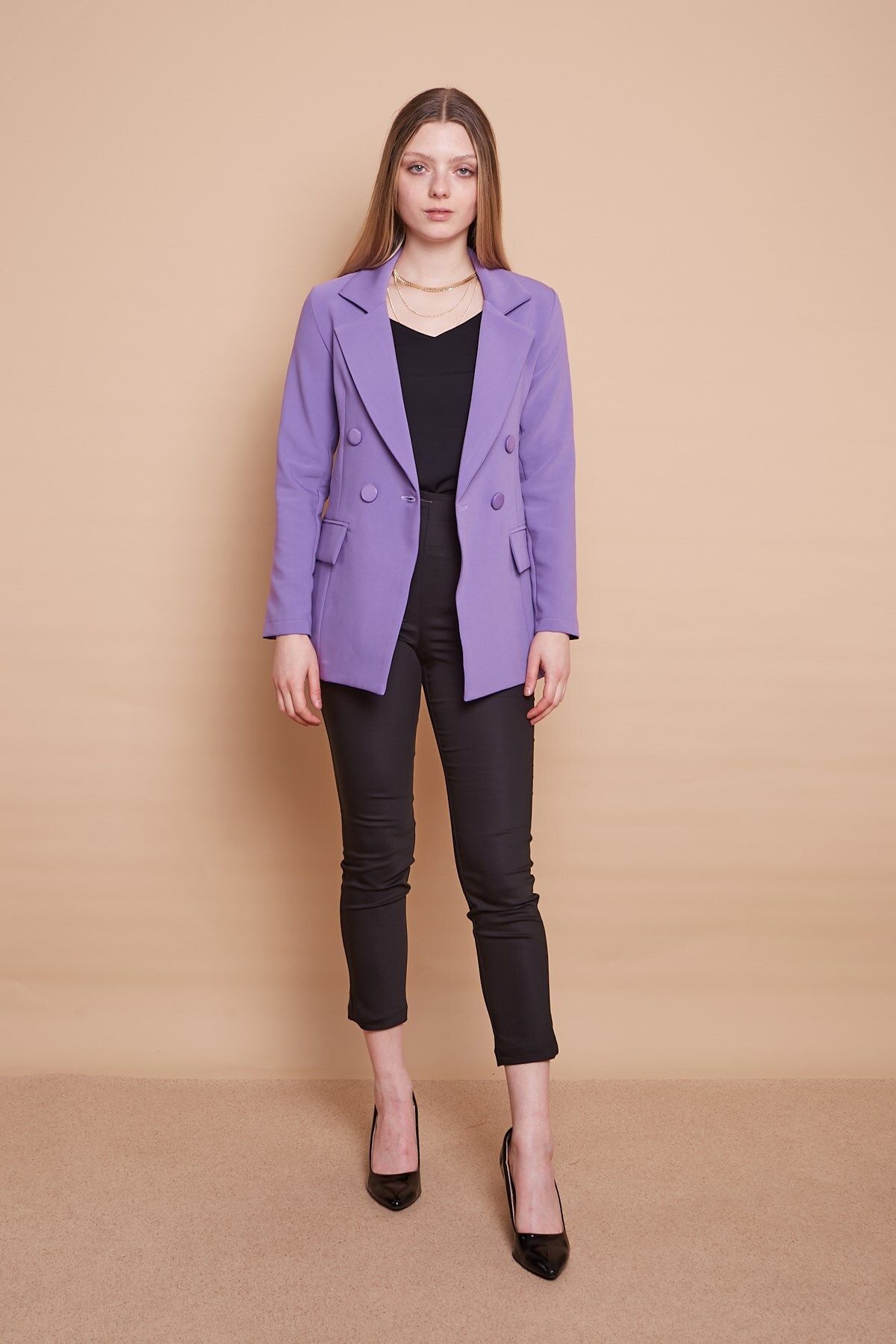 Jument Kadın Düğme Detaylı Uzun Kol Şık Ofis Süs Cep Kapaklı Kumaş Blazer Ceket-lila