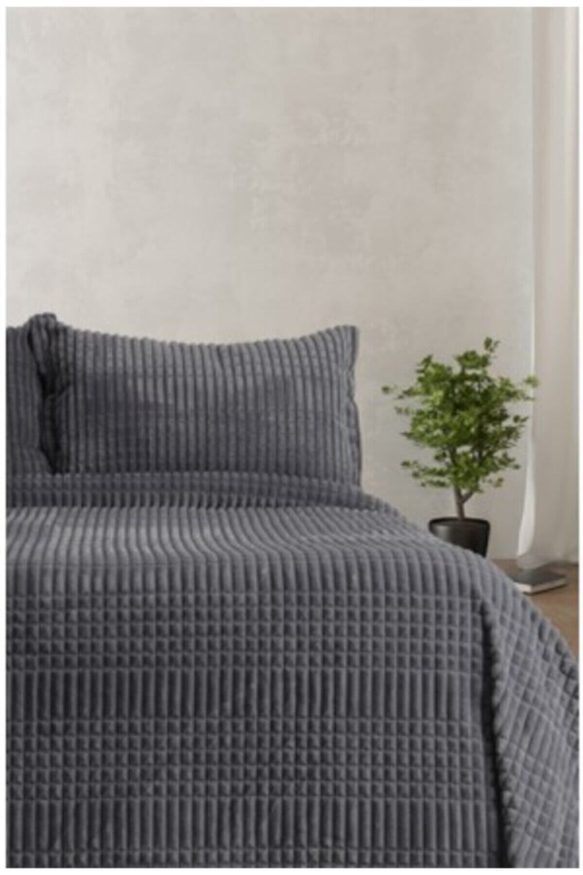 Merinos Modern Lıne 3 Prç.battaniye Ve Yatak Örtüsü Seti Koyu Gri