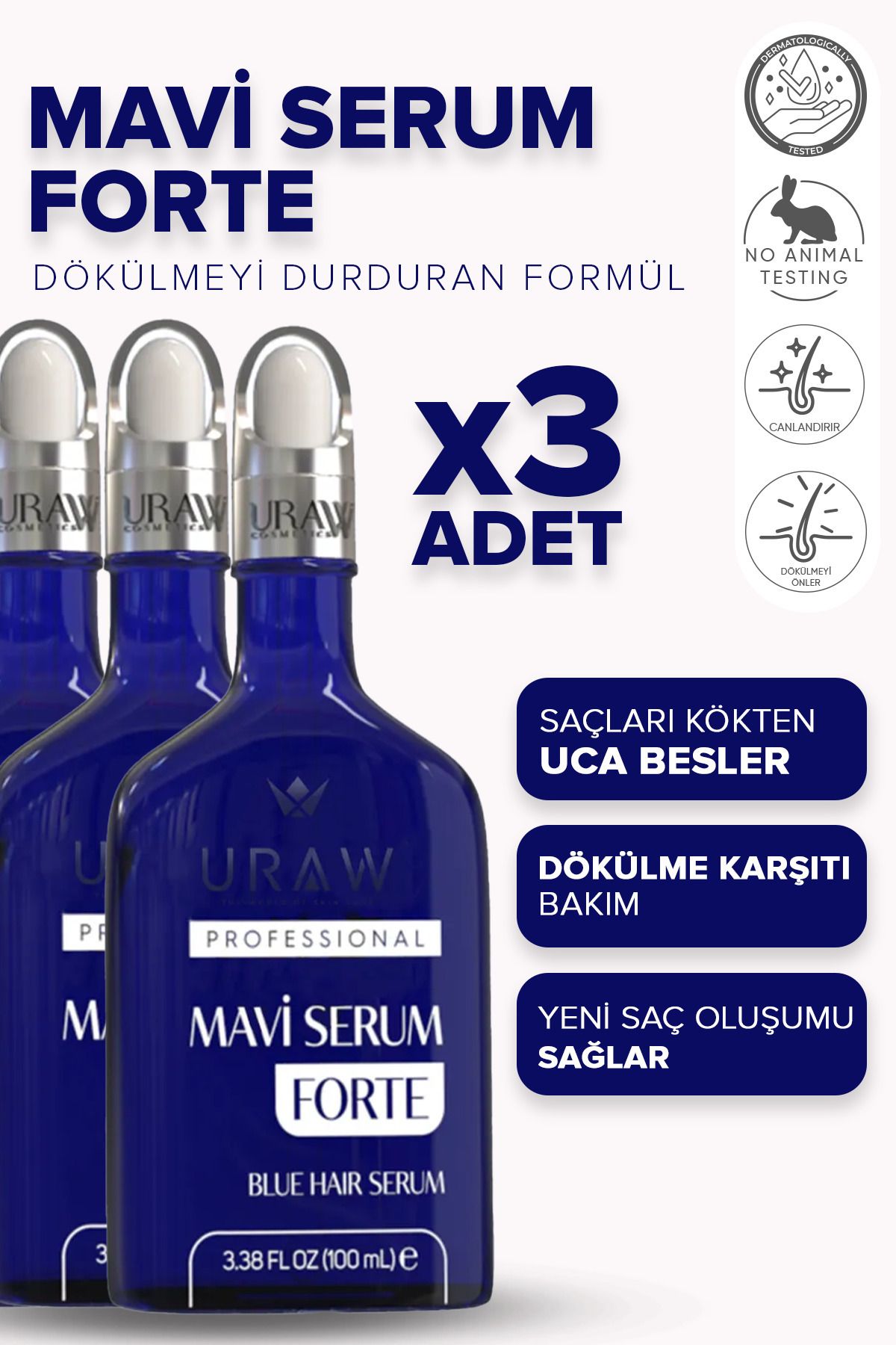Uraw Mavi Serum Forte 3'lü Fırsat Paketi (Yeni Saç Oluşumu Sağlayan ve Dökülme Karşıtı Saç Bakım Serumu)