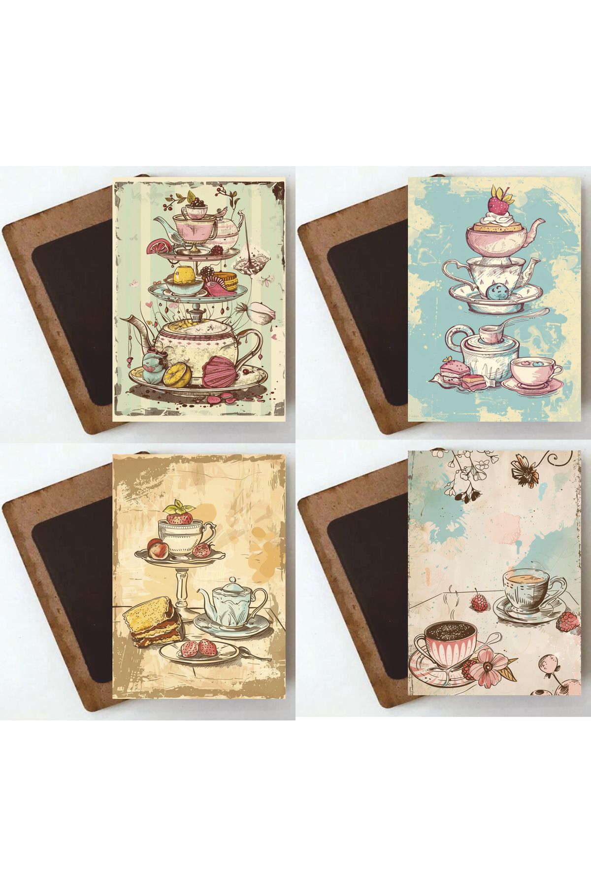 Hayat Poster çay fincanları çay zamanı vintage tarzda ev mutfak dekorasyon 4lü ahşap magnet buzdolabı süsü seti