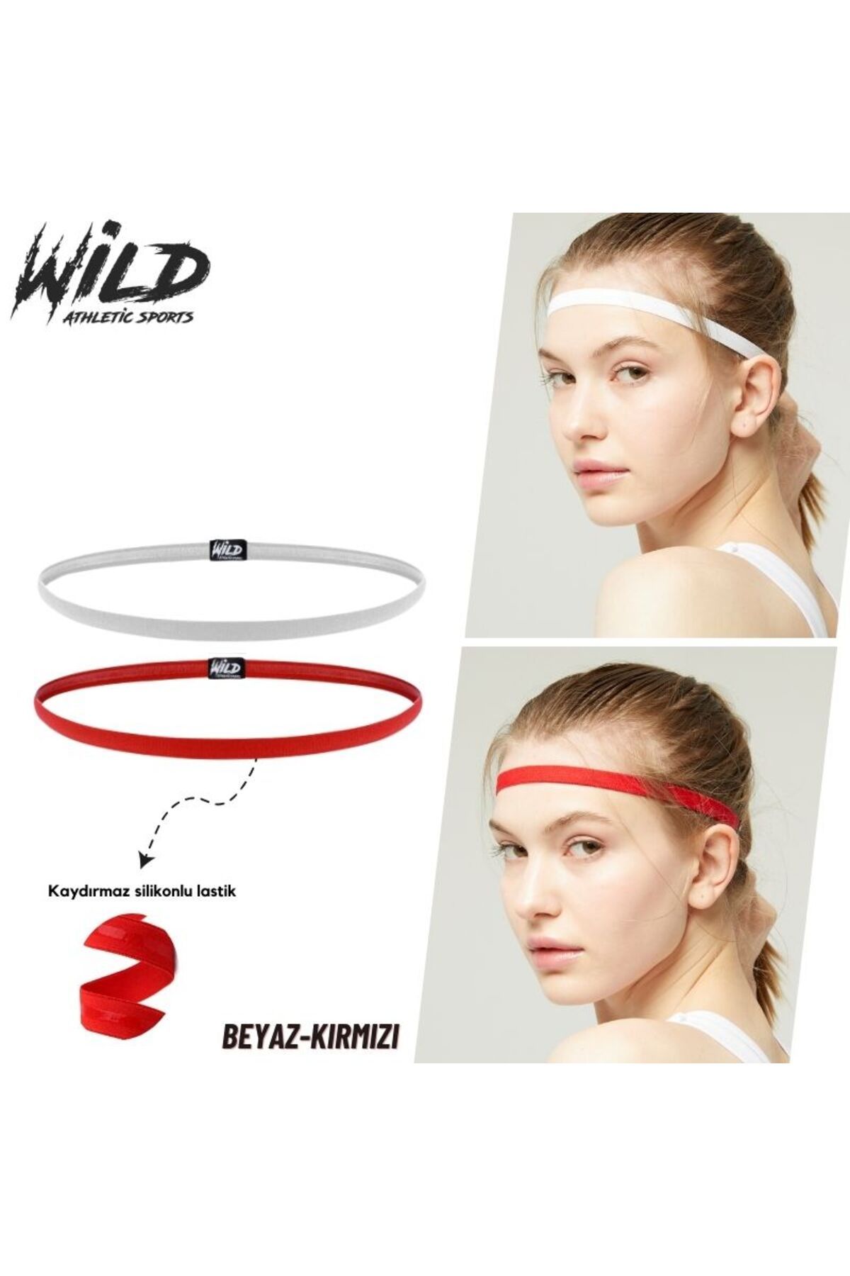 Wild Athletic Kaydırmaz Silikonlu Elastik Spor Futbol Saç Bandı Tokası Beyaz Kırmızı Ikili Wildflex