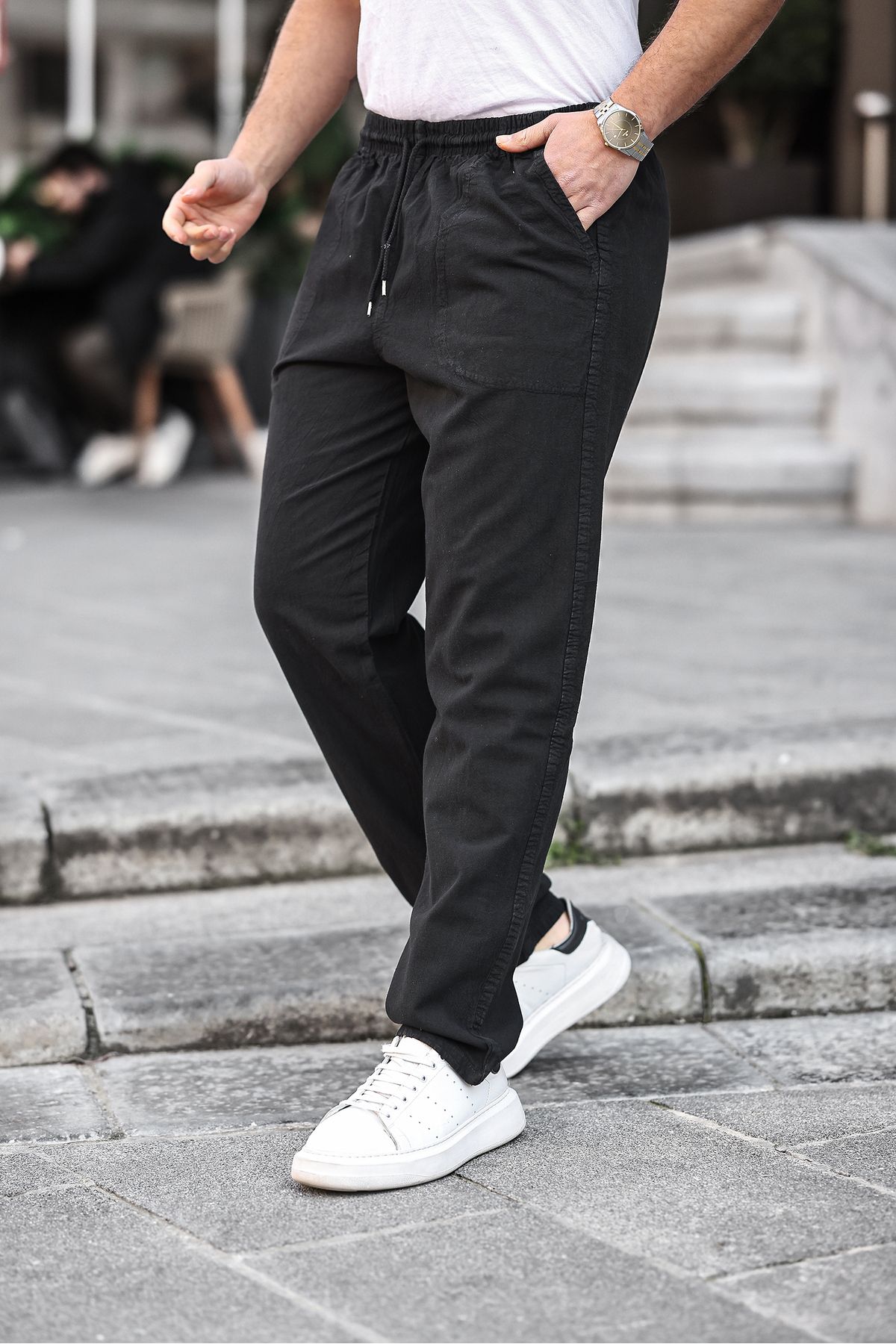 COMBİNE MİCHAİL Siyah Renk Erkek Yazlık Keten Karışımı Relaxed Pantolon
