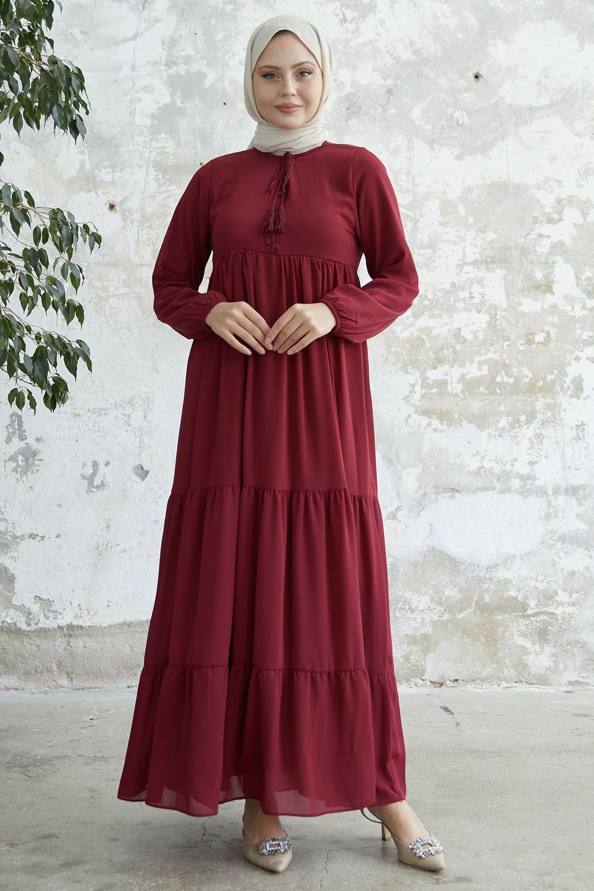 InStyle Yakası Bağcıklı Yoryo Şifon Elbise - Bordo