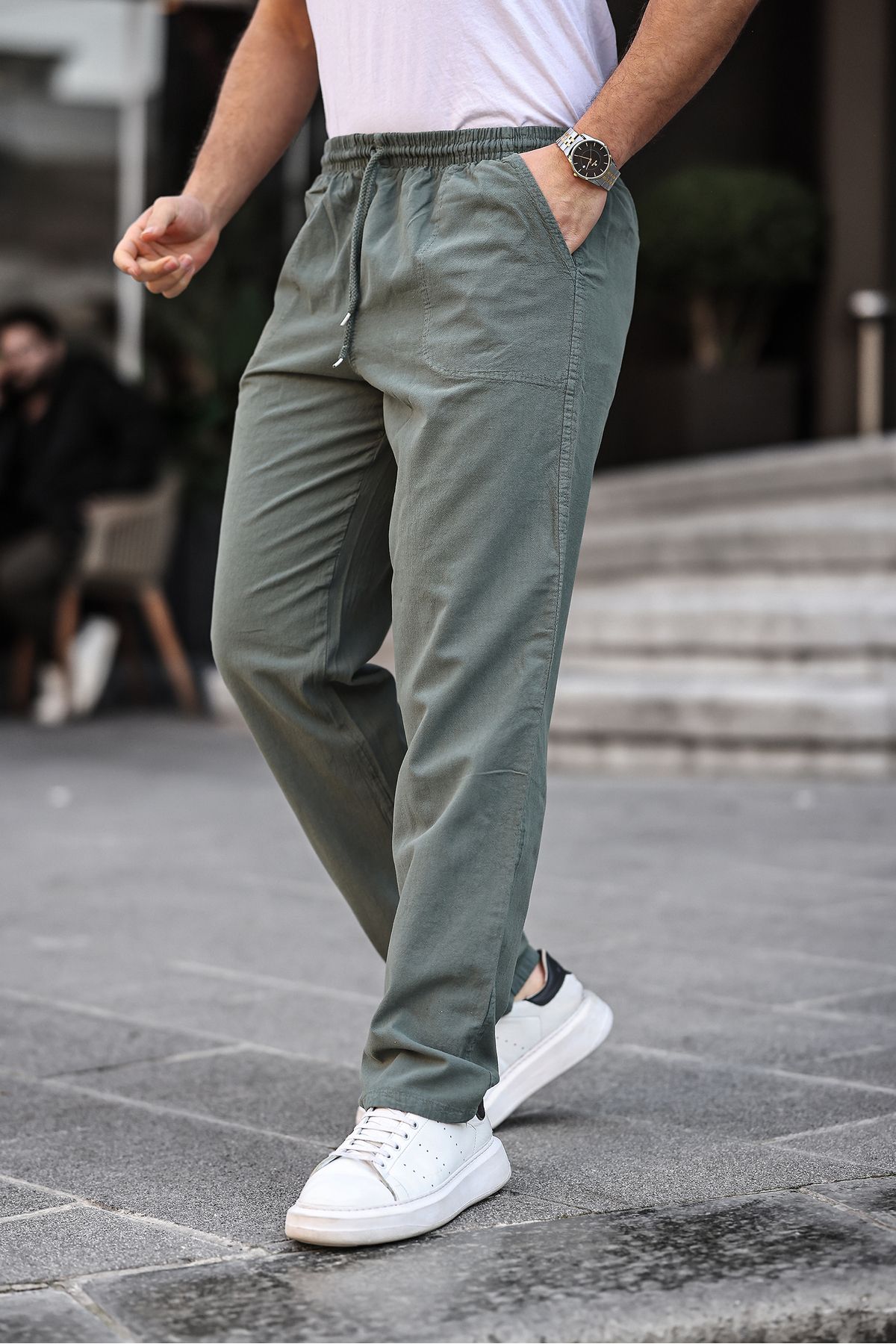 COMBİNE MİCHAİL Haki Renk Erkek Yazlık Keten Karışımı Relaxed Pantolon