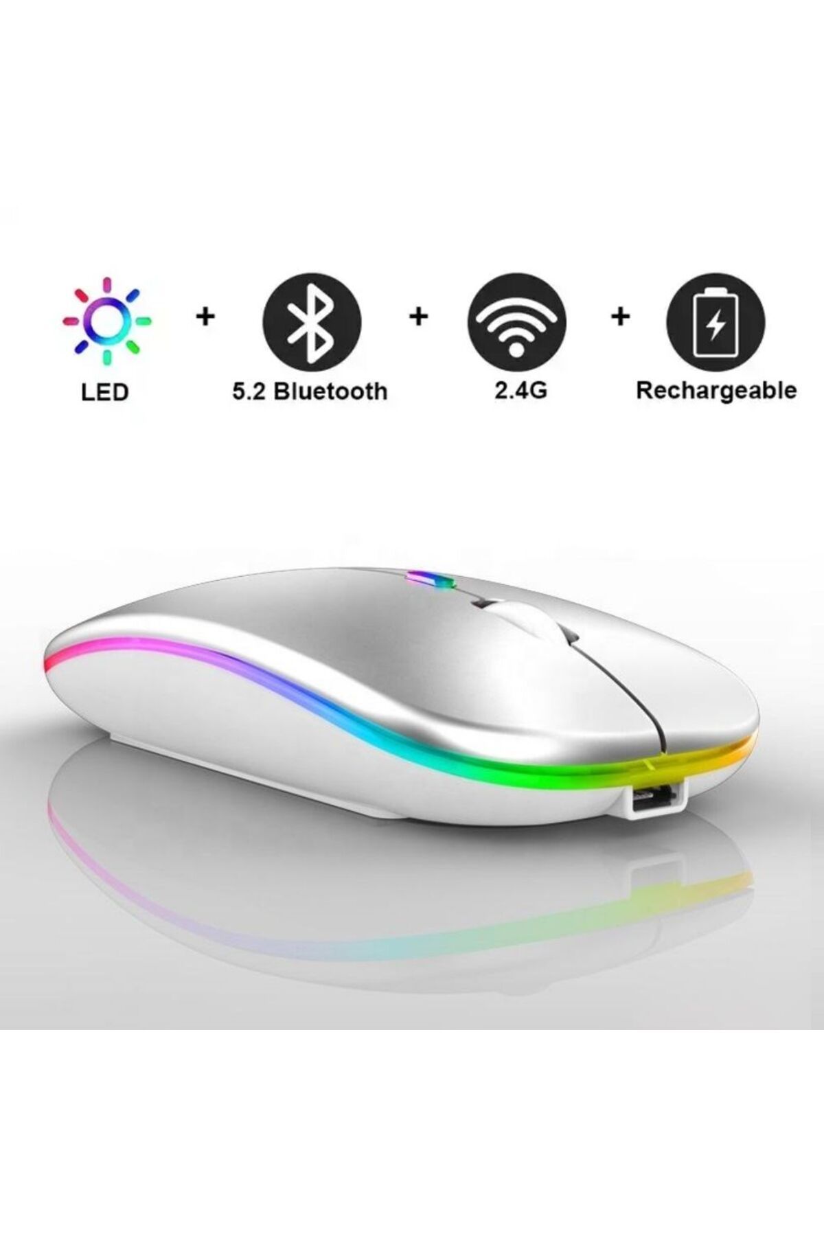 Concord Sessiz Şarjlı 2.4g+ Bluetooth 5.2 Bağlantılı Rgb 1600 Dpı Optik Mouse Ultra Sessiz