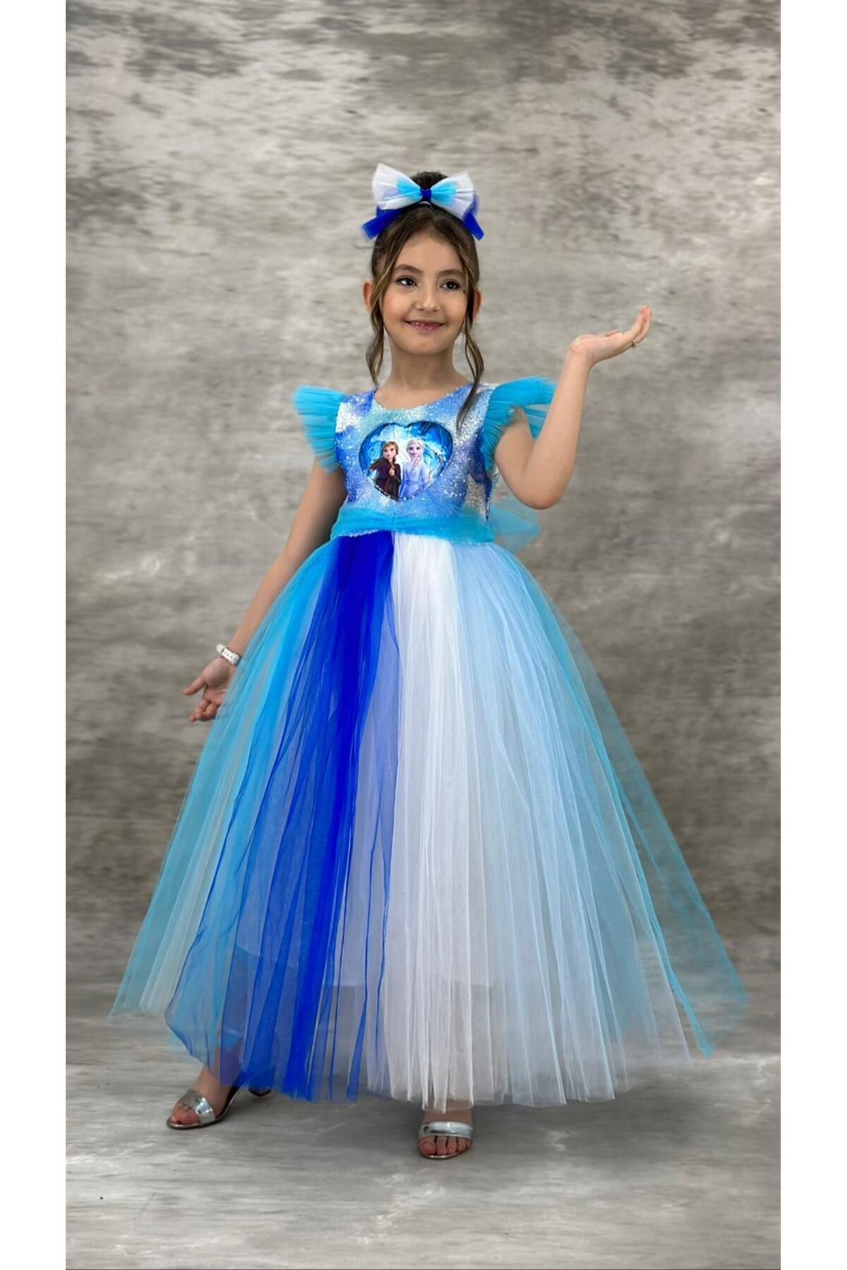 Mashotrend Uzun Etekli Pul Payetli Frozen Elsa Kostümü - Frozen Elbise - Mavi Elbise Kız Abiye