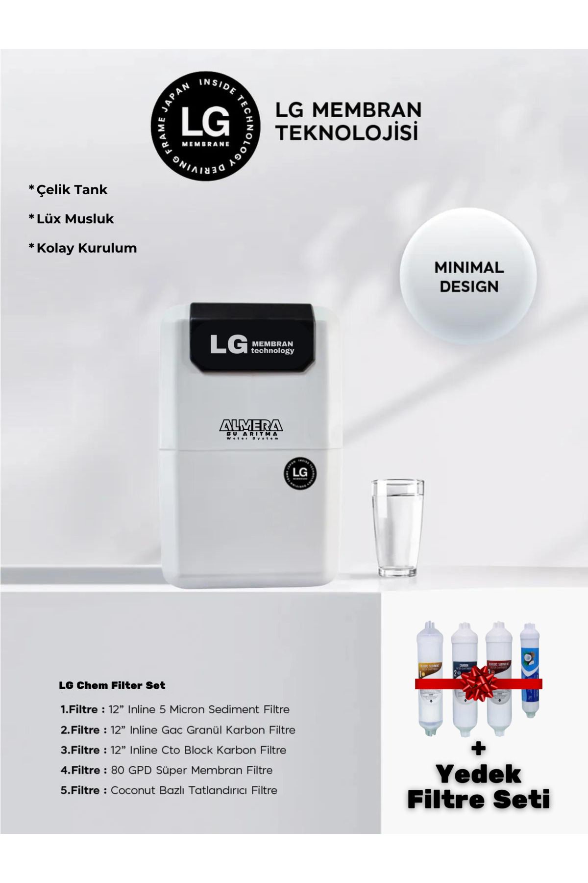LG Chem Premium Su Arıtma Cihazı 280lt Günlük Arıtım lg Membran Çelik Tank Ekstra Mineral + Yedek Filtre Set