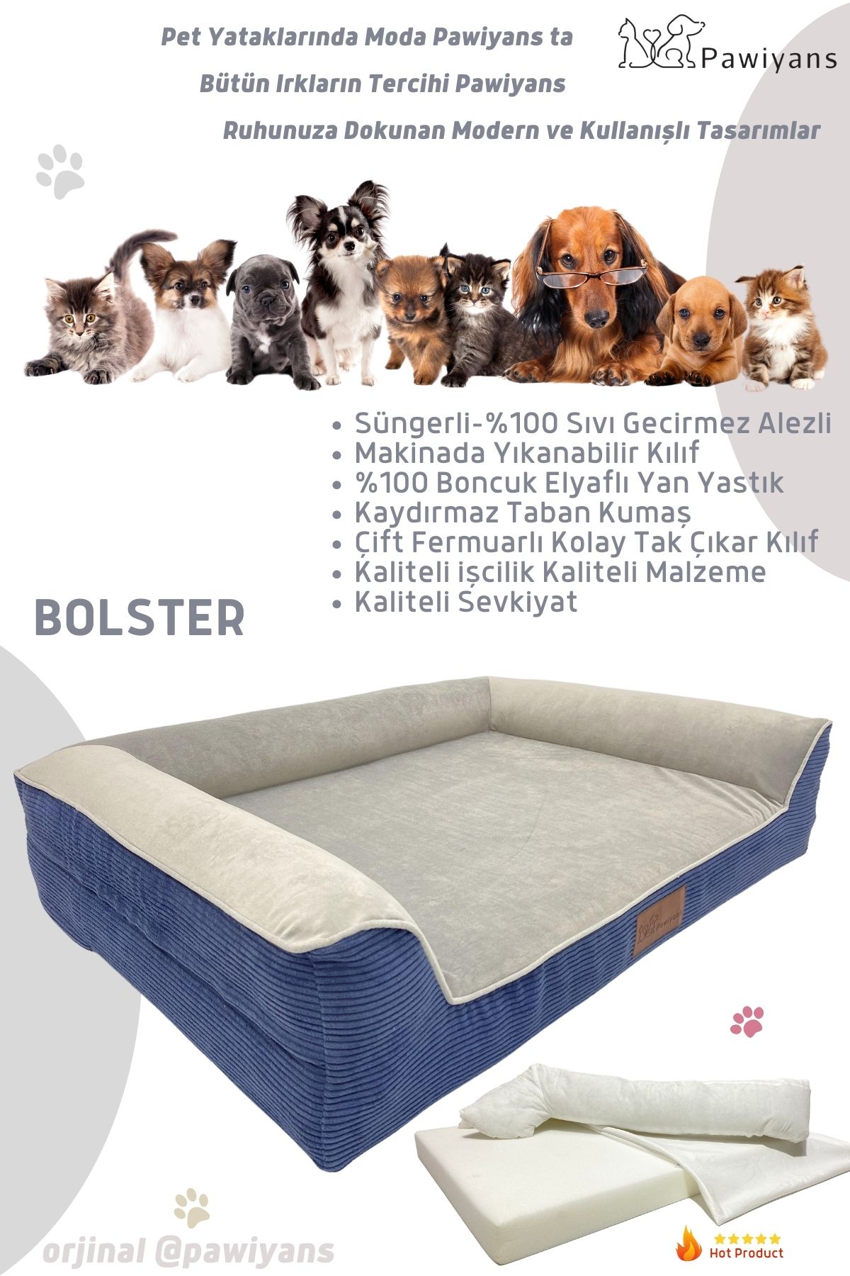 PAWİYANS Bolster Üst Kalite Köpek Yatağı 10cm Süngerli Kılıflı Sıvı Geçirmez Alezli