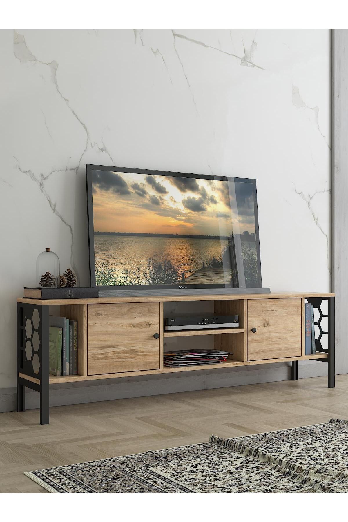 Wood'n Love Asena 160 Cm Metal Ayaklı Tv Ünitesi - Atlantik Çam / Siyah