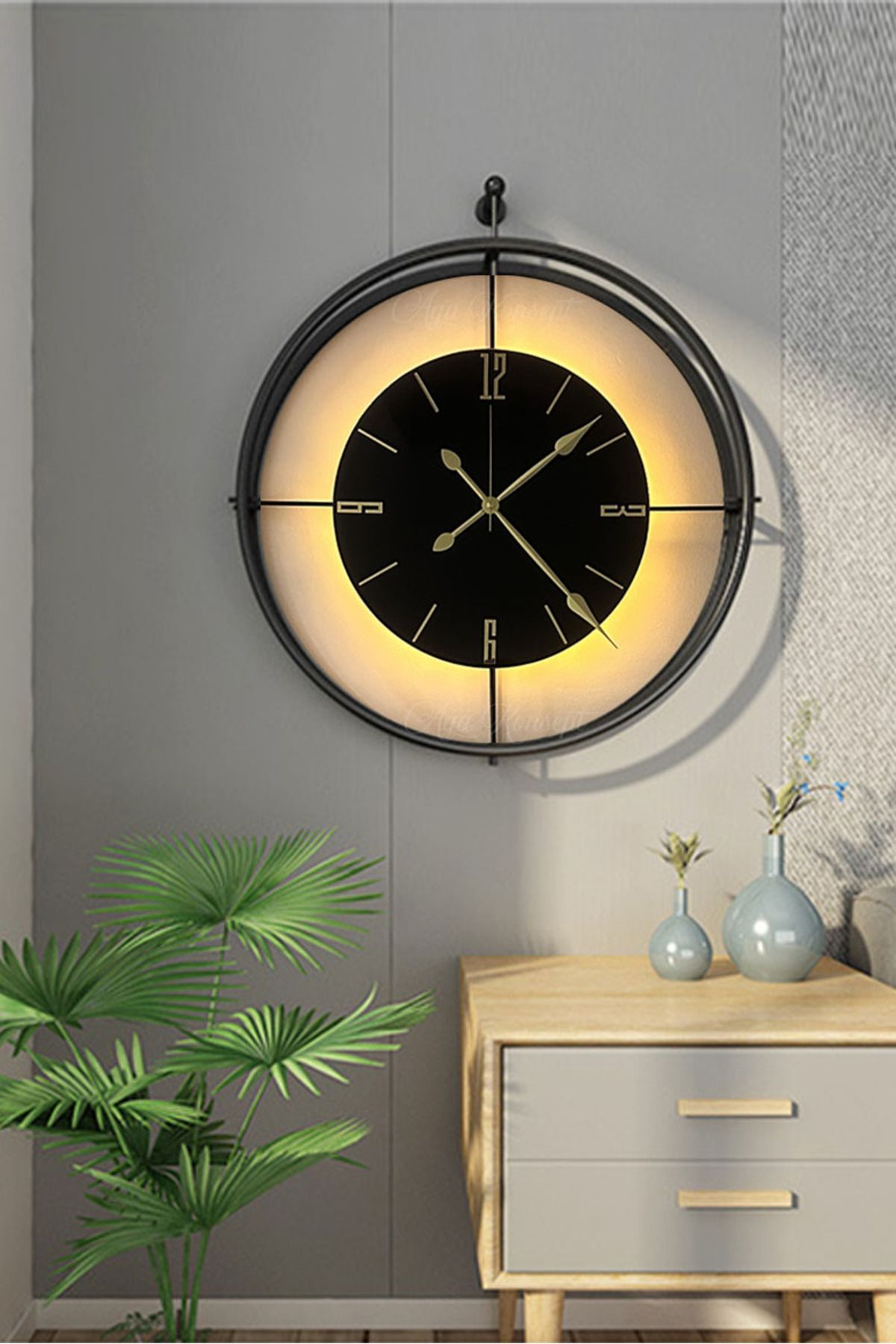 SEVİNÇ KONSEPT LED Nero La Clock 60 cm SİYAH, Modern Dekoratif Sarkaçlı Metal Duvar Saati