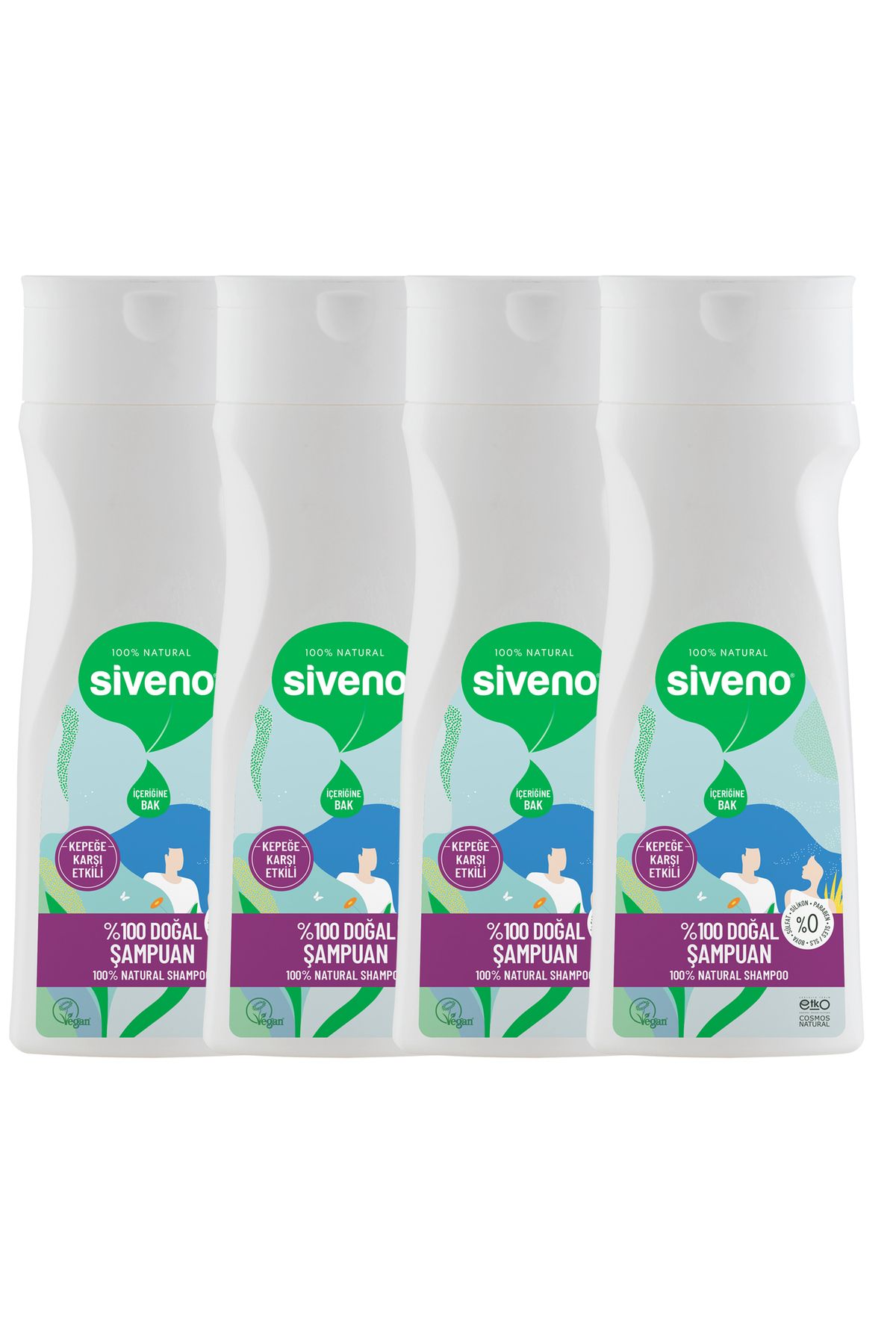 Siveno %100 Doğal Kepeğe Karşı Etkili Şampuan Yağlı Saçlar Çay Ağacı Keklik Üzümü Vegan 300 ml X 4 Adet