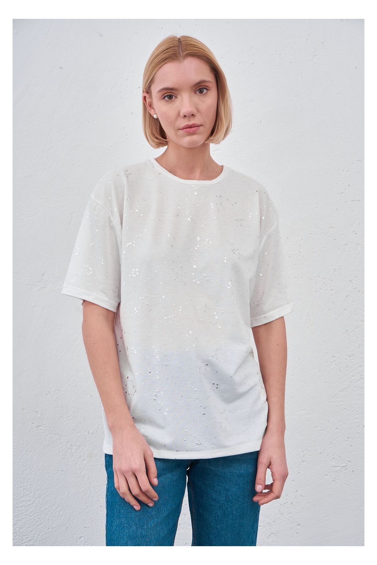 Tiffany Tomato Simli Yıldız Baskılı T-shirt-Beyaz