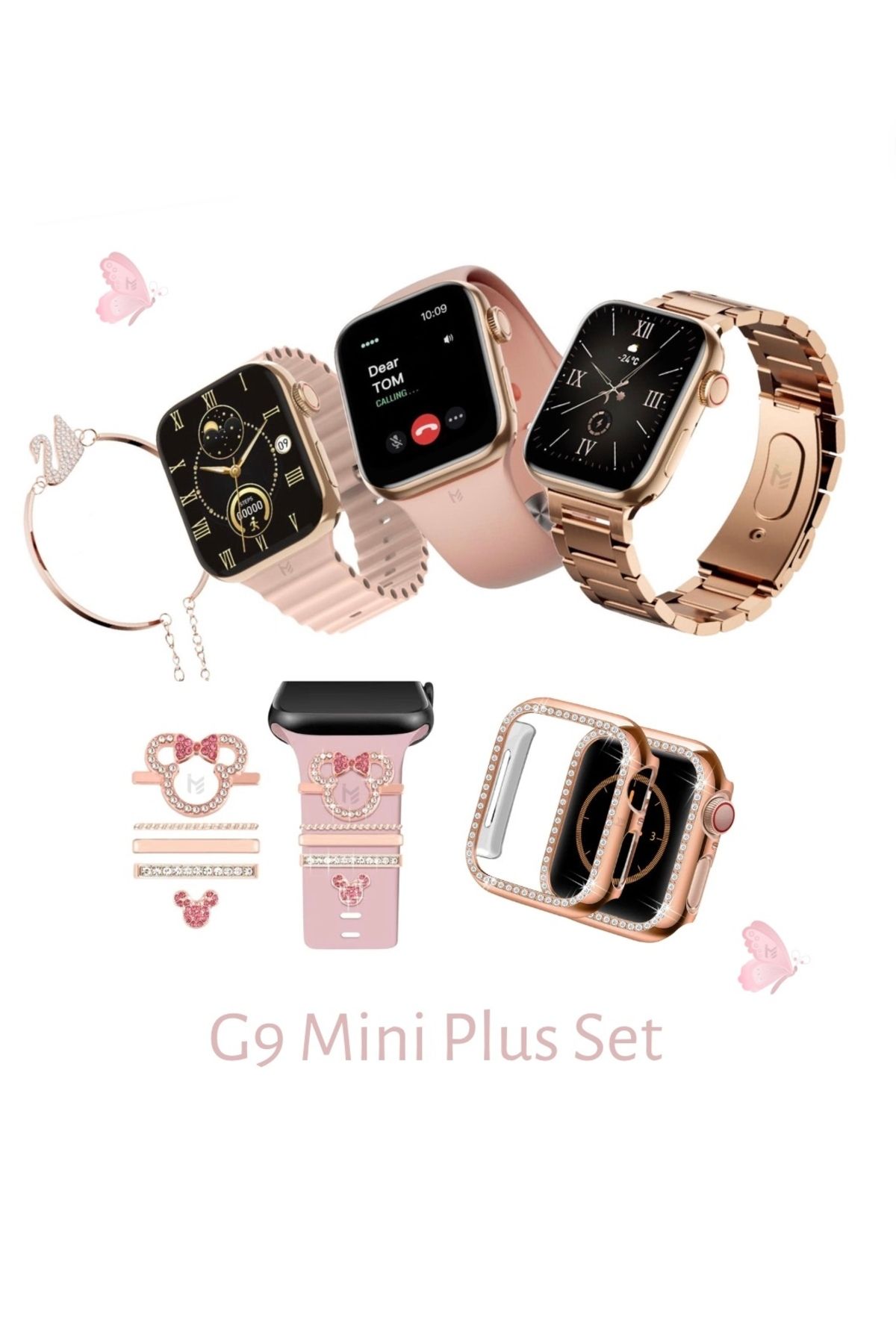 İMEXTECH G9 Mini Plus Rose  Gold Takım Set Smart Watch 3Kordon 4Charm Süs 1Bileklik 1Watch Kılıf