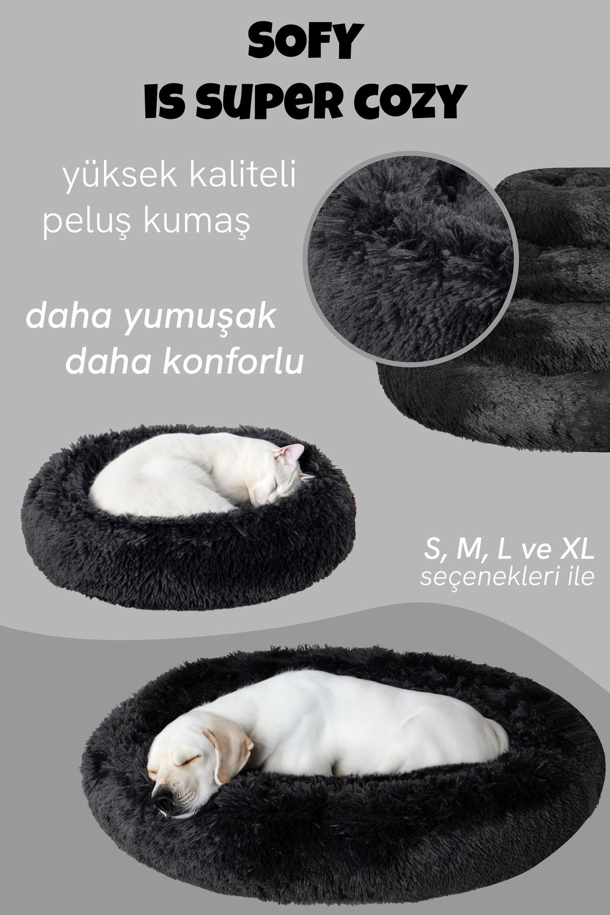 Jungolica Pet Products Sofy, Donut Şeklinde Sakinleştirici Etkili, Yüksek Kaliteli, Peluş Kedi Ve Köpek Yatağı (SİYAH)