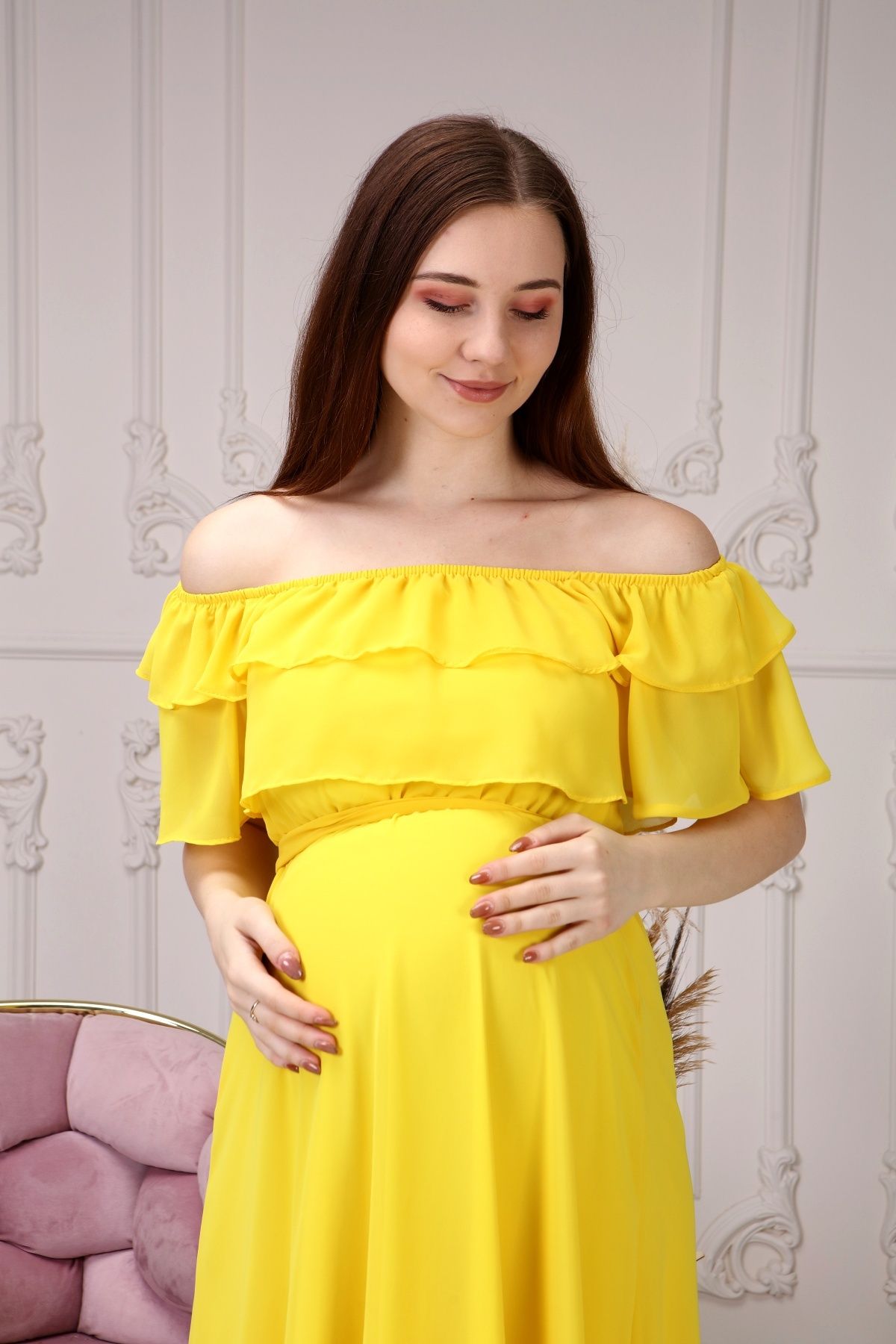 Azra Style hamile carmen yaka kuşaklı sarı şifon elbise 8000